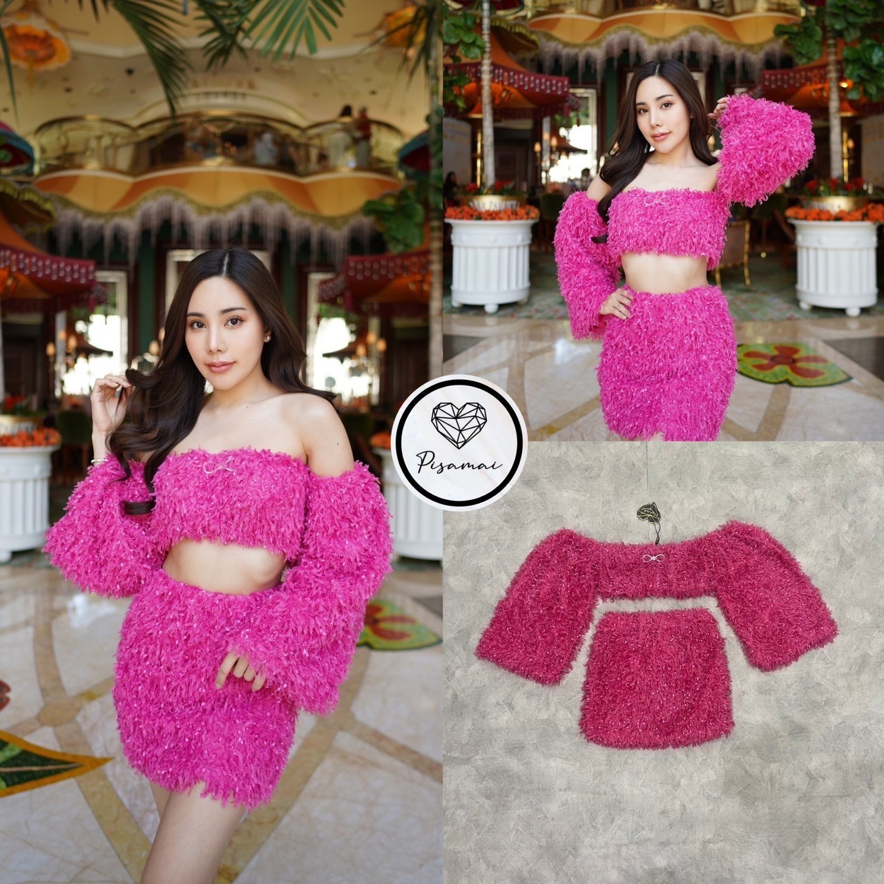 Detail :: เซ็ตเสื้อปาดไหล่สีชมพูบาร์บี้ มาคู่กับกระโปรงสอบ มีเข็มกลัดโบว์้เพชรเงินวิ้งๆ ติดช่วงอก ใส่สวยมากๆค่า ใส่สวยมาก ปังปุริเย้แน่นอนค่า ห้ามพลาดเลย