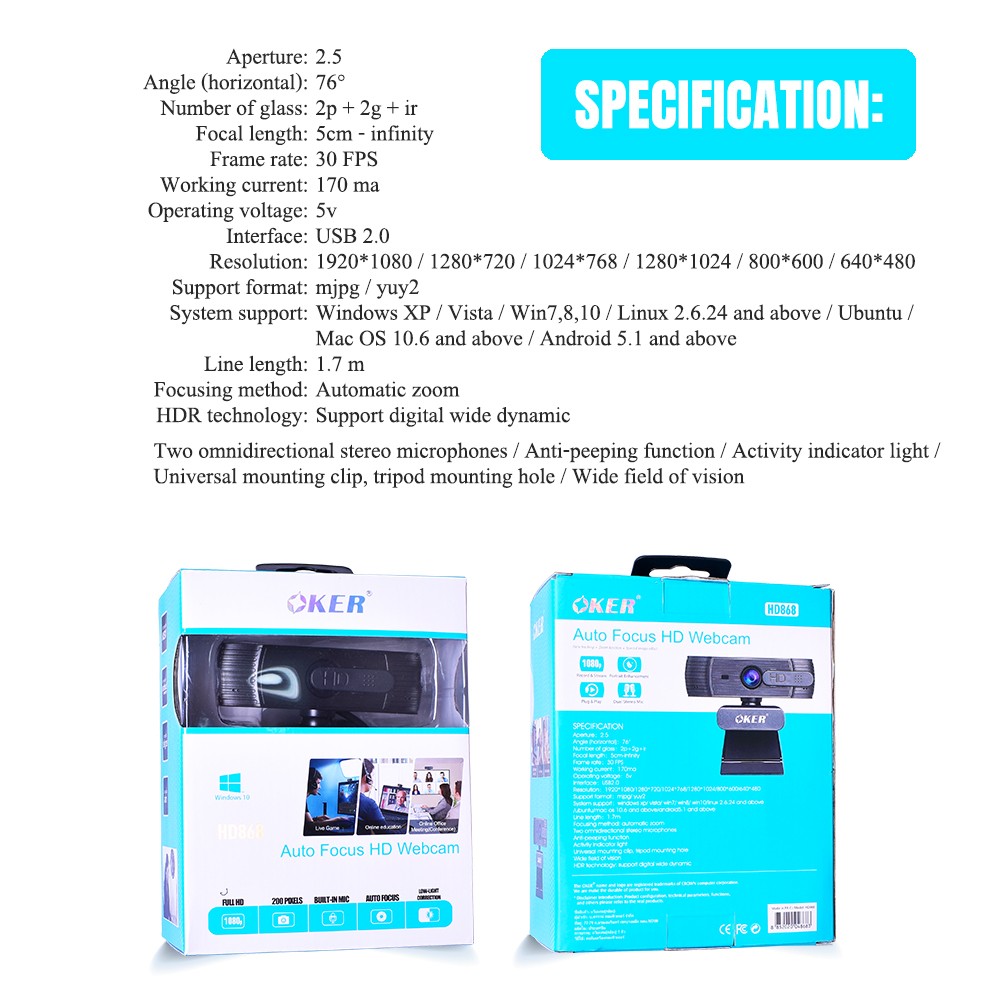 HD-868 OKER WEBCAM FULL 1080P AUTO FOCUS CM-OK-HD-A868X