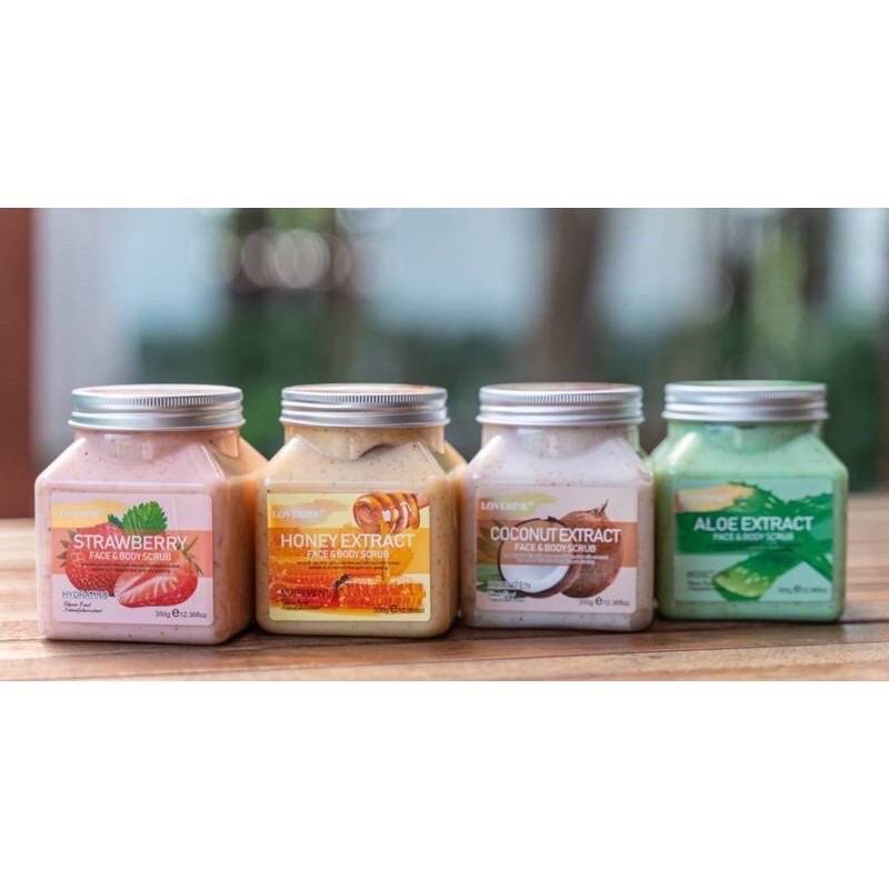 Loverine face & body scrub 350g. สครับผิวกาย 4 สูตร สครับสตรอเบอร์รี่ สครับมะพร้าว สครับว่านหาง สครับน้ำผึ้ง