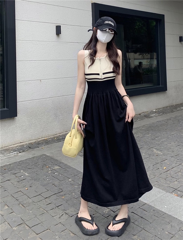 เดรสยาวแขนกุด ทูโทน กระโปรงทรงบานเนื้อผ้าดี ใส่สบายค่ะ