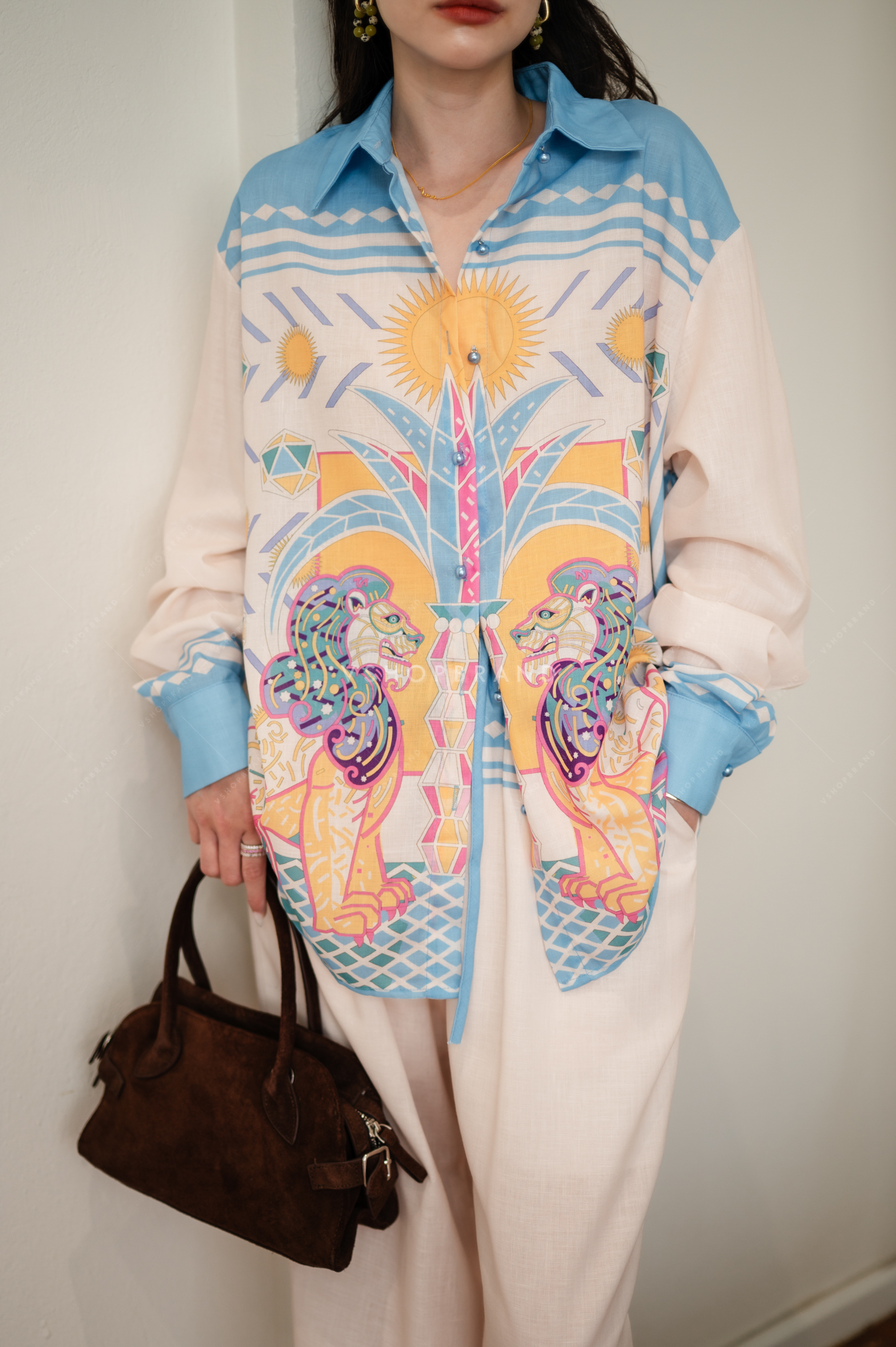 Set เชิ้ตแขนยาวทูโทนลายอียิปต์ + กางเกงขายาว