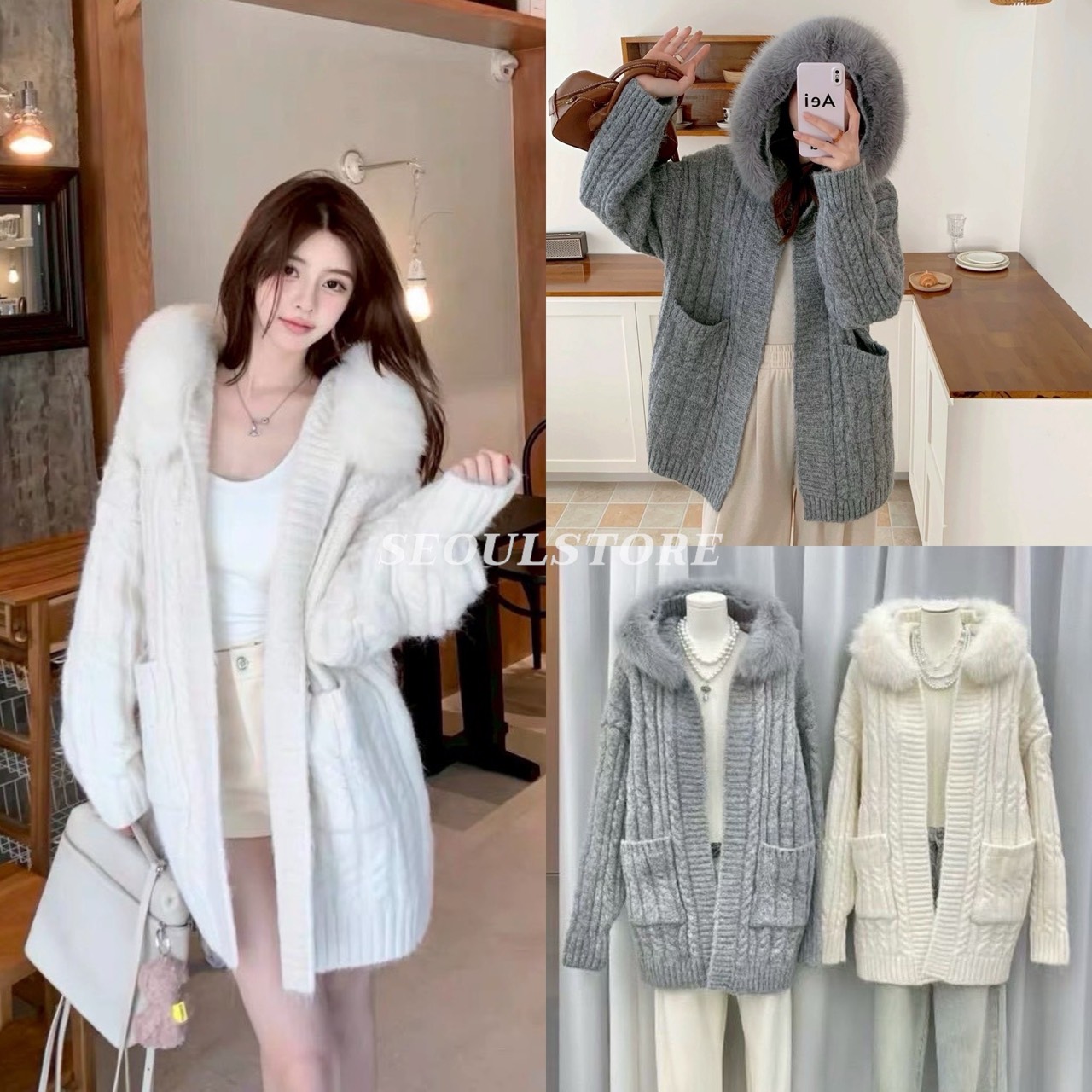 เสื้อคลุมไหมพรมมีHood Fur🤩 ทรงoversize มีกระเป๋าหน้า ผ้าทอลายแน่นเนื้อดี hoodดีไซน์ขนเฟอร์ติดกระดุมซ่อนแยกได้ค่ะ ใส่สวยฟรุ้งฟริ้ง ถ่ายรูปสวยปังแน่นอน