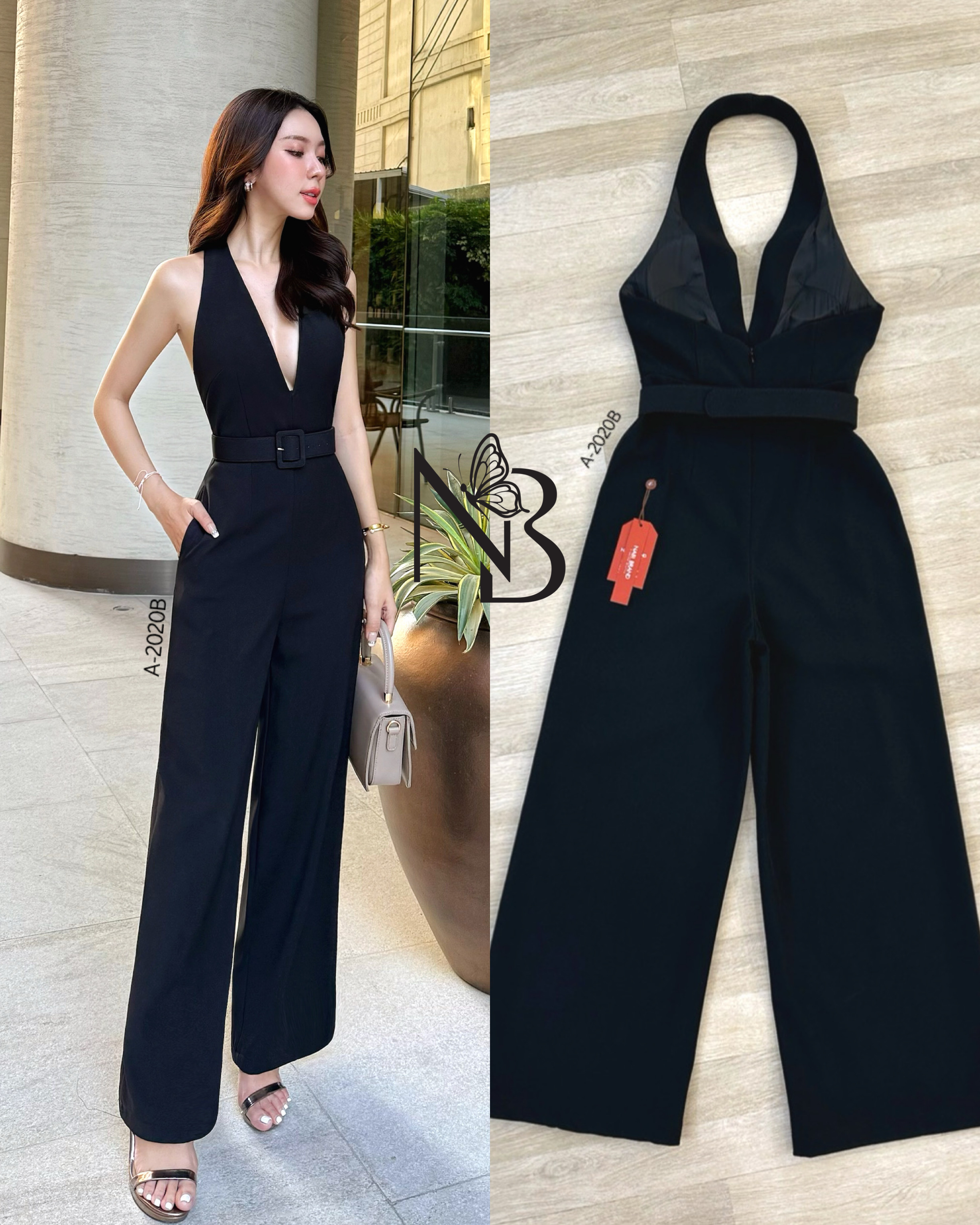 จั้มสูทขายาวทรงขาม้า สีดำทรงคล้องคอ ด้านหน้าเป็นทรงคอวี โชว์หลังแอบsexyหรูไฮมากค่ะ เพิ่มกระเป๋า2ข้าง ใช้งานได้จริง มาพร้อมกับเข็มขัดรัดเอว บอกเลยว่ารุ่นนี้คือ ใส่สวย ดูสูงผอมเพรียว ที่สำคัญเนื้อผ้าดี มีฟองน้ำ มีซับในอย่างดีค่ะ ความยาวกำลังดีไม่รั้งเป้าแน่