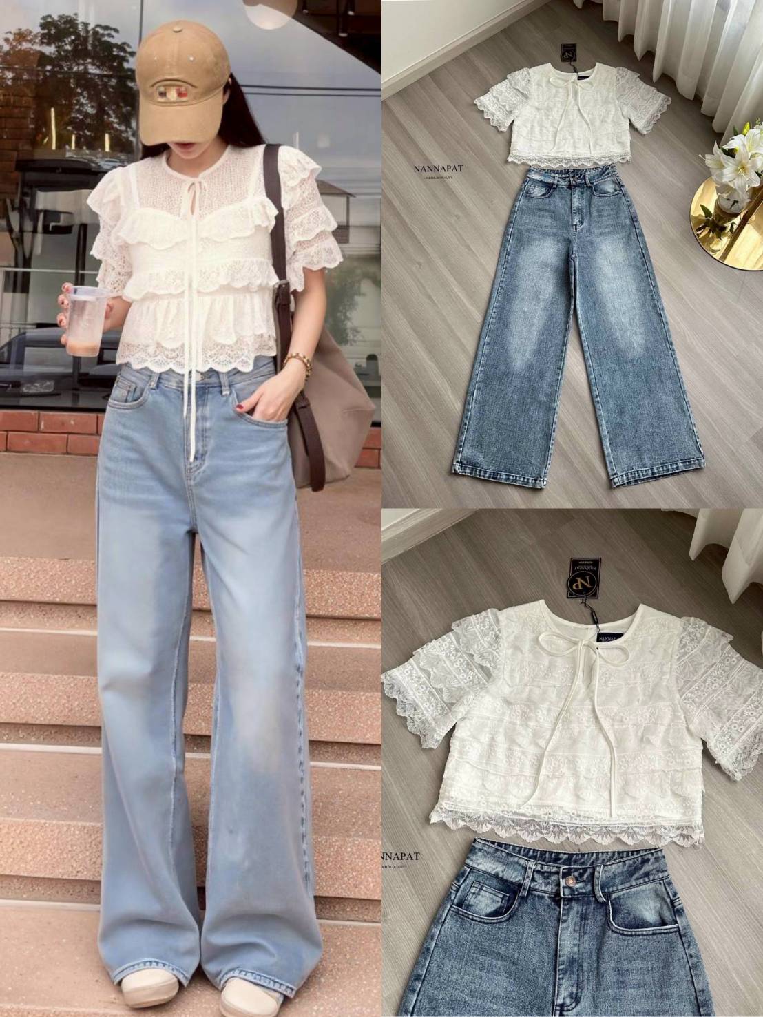 SET เสื้อ ผ้าลูกไม้นุ่มๆดีไซน์เป็นชั้นๆ แต่งเชือกผูกโบว์ + กางเกงยีนส์แท้ฟอก ทรงสวยเป๊ะ แม็ชกันลงตัวเวอร์ๆเลยค่าา