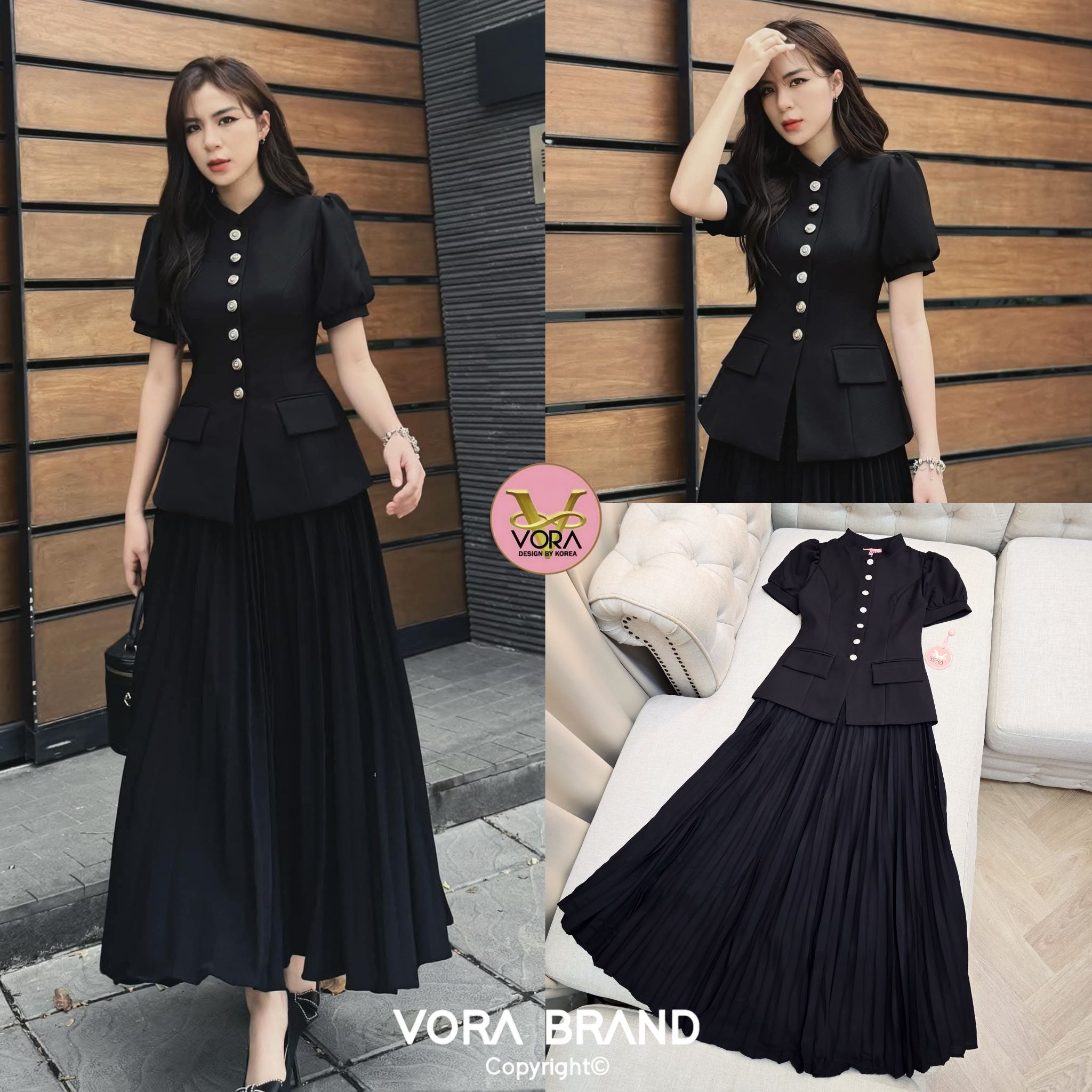 Set เสื้อแขนพอง คอตั้งติดกระดุมเรียงด้านหน้า มาพร้อมกระโปรงยาวอัดพลีททั้งตัวสวยมากค่ะ มีน้ำหนักทิ้งตัว เนื้อผ้าหนาเป็นทรงสวย ซับในทั้งชุดค่ะ... ใส่ออกมาแล้วเป๊ะเว่อร์ แพทเทรินเนี๊ยบสุดๆ ส