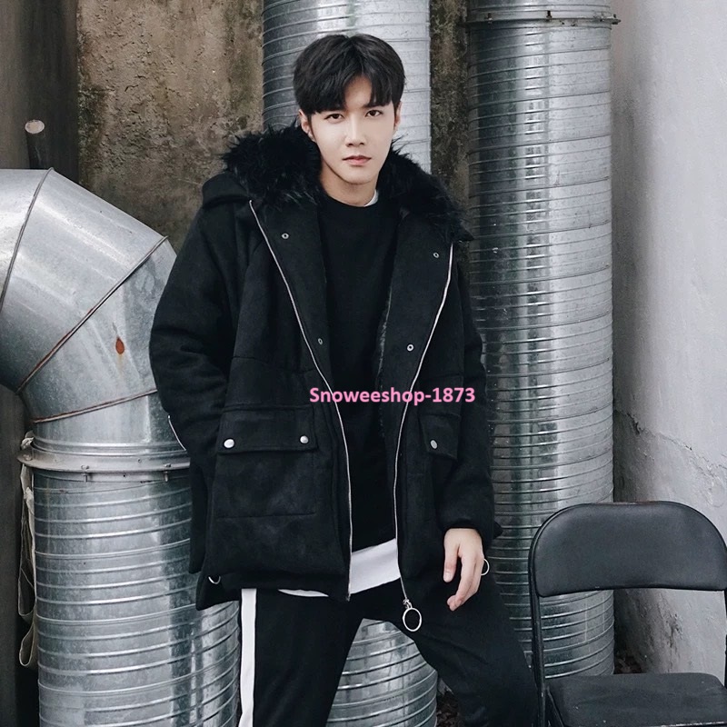 เสื้อแจ็คเก็ตดาวน์ของผู้ชาย เสื้อกันหนาวใส่ติดลบทรงโอเวอร์ไซผ้าฝ้ายผสมหนังนิ่มบุขนเป็ดสังเคราะห์ด้านใน เหมาะใส่ไปต่างประเทศ เสื้อกันหนาวพร้อมหมวกฮู้ดแต่งซิปด้านข้างแบบใหม่ไม่ซ้ำใคร