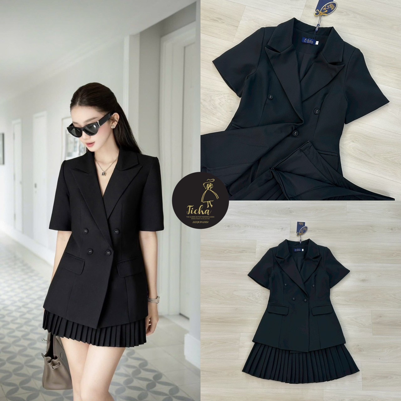 Set 2 ชิ้น เสื้อเบเซอร์สีดำแขนสั้น คอปก ดีเทลแต่งกระดุมหน้า ช่วงไหล่ทั้งสองข้างเสริมฟองน้ำมาอย่างดี กระเป๋าคู่หน้าใช้งานได้จริง แมทซ์กับกระโปรงสั้น อัดพีท มีชับใน ซิปข้าง ใส่ออกมาทรงสวย ลัคชู ขัดผิดอ่อร่าสุดๆ ห้ามพลาดนะคะ