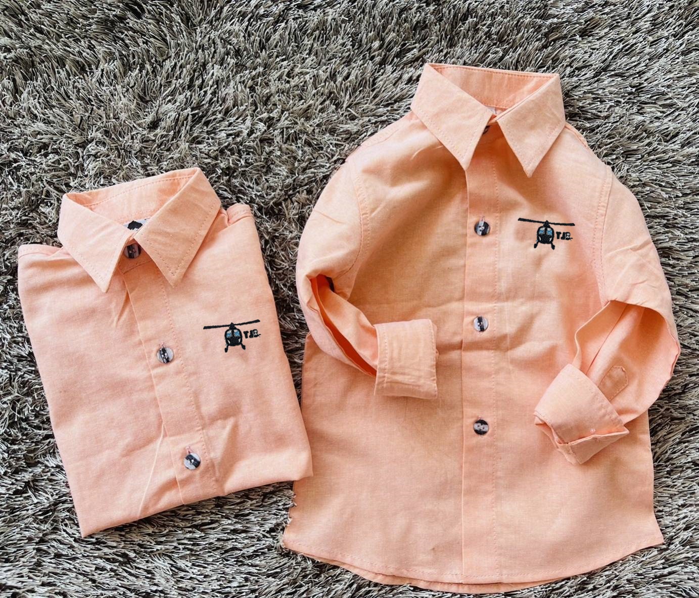 HC เสื้อเชิ้ตเด็ก แขนยาว ปักคอปเตอร์ สีโอรส 8 เดือน - 8 ขวบ