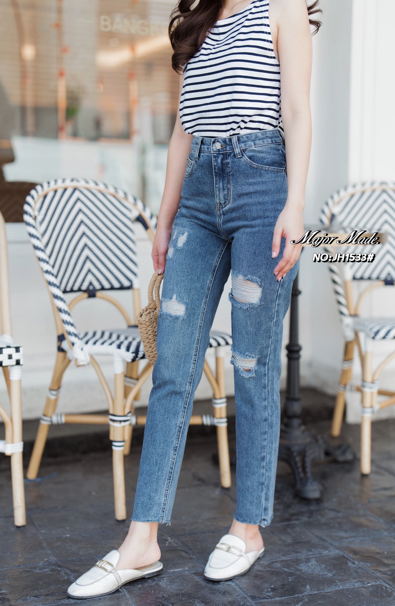 No.JH1533# -High-waist boyfriend jeans 🇰🇷🇰🇷 กางเกงยีนส์ทรงบอยสีฟอก เอวสูงงง แต่งขาดได้ลงตัวสวยเซอร์ๆตัวนี้ ผ้ายีนส์เนื้อนิ่มใส่สบาย (ผ้าไม่ยืด) แพทเทิร์นแป๊ะ ใส่เก็บพุงสวยดูมีเชฟ