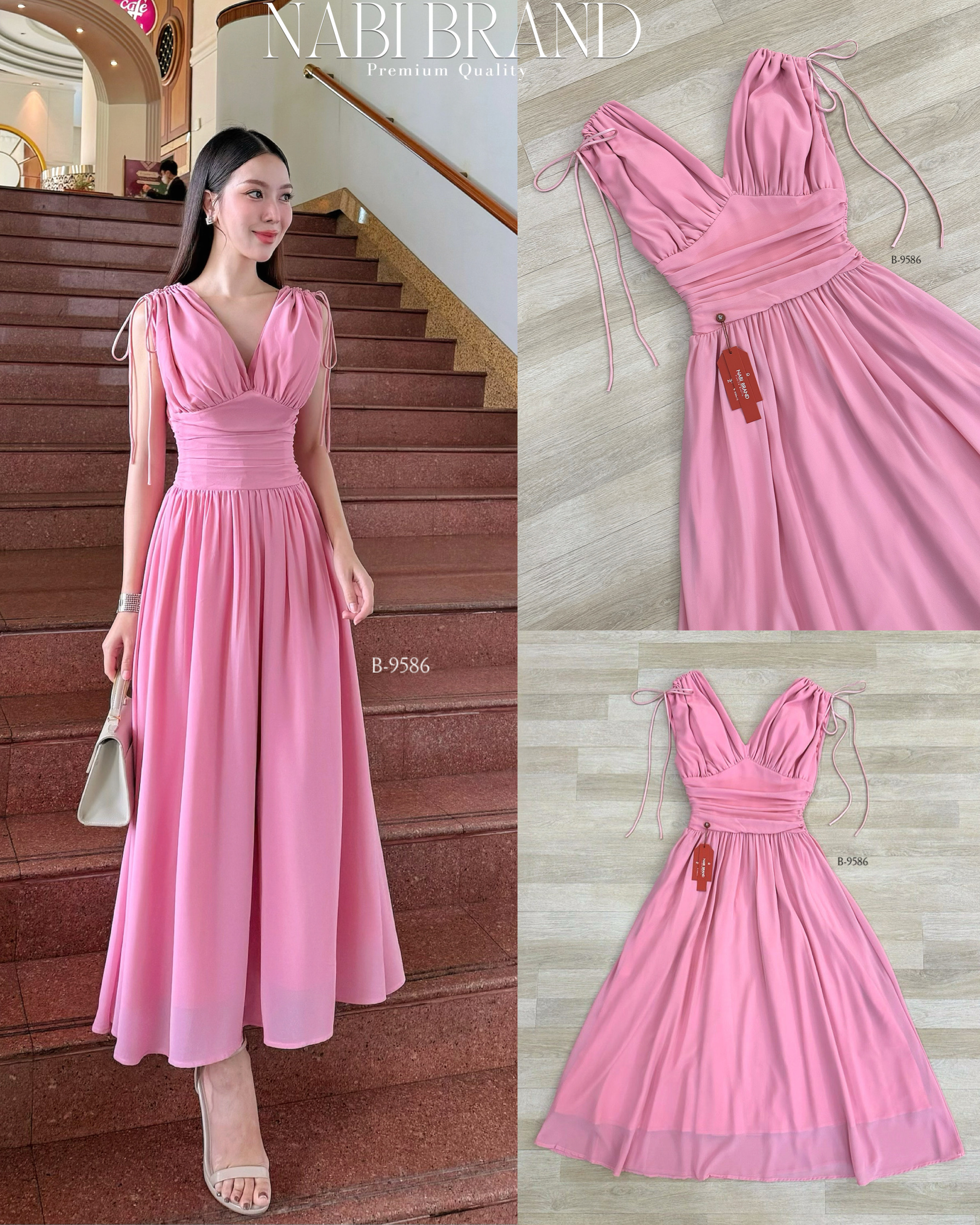 Label :: #NABIBRAND Code :: B-9586 Detail :: เดรสผ้าชีฟองแบบพริ้วๆระบายๆ สีชมพูลุคหวานแบบลัคชู แต่งผูกเชือกที่ไหล่ ทรงแขนกุด คอวี ชุดมีฟองน้ำและซับใน งานซิบหลัง ใส่ชิลๆไปทะเล หรือออกงาน ออกเดท ได้ เลยนะ สวยเกินใครเลยค่ะ สาวๆ 🩷 #งานป้ายนาบี #งานป้า