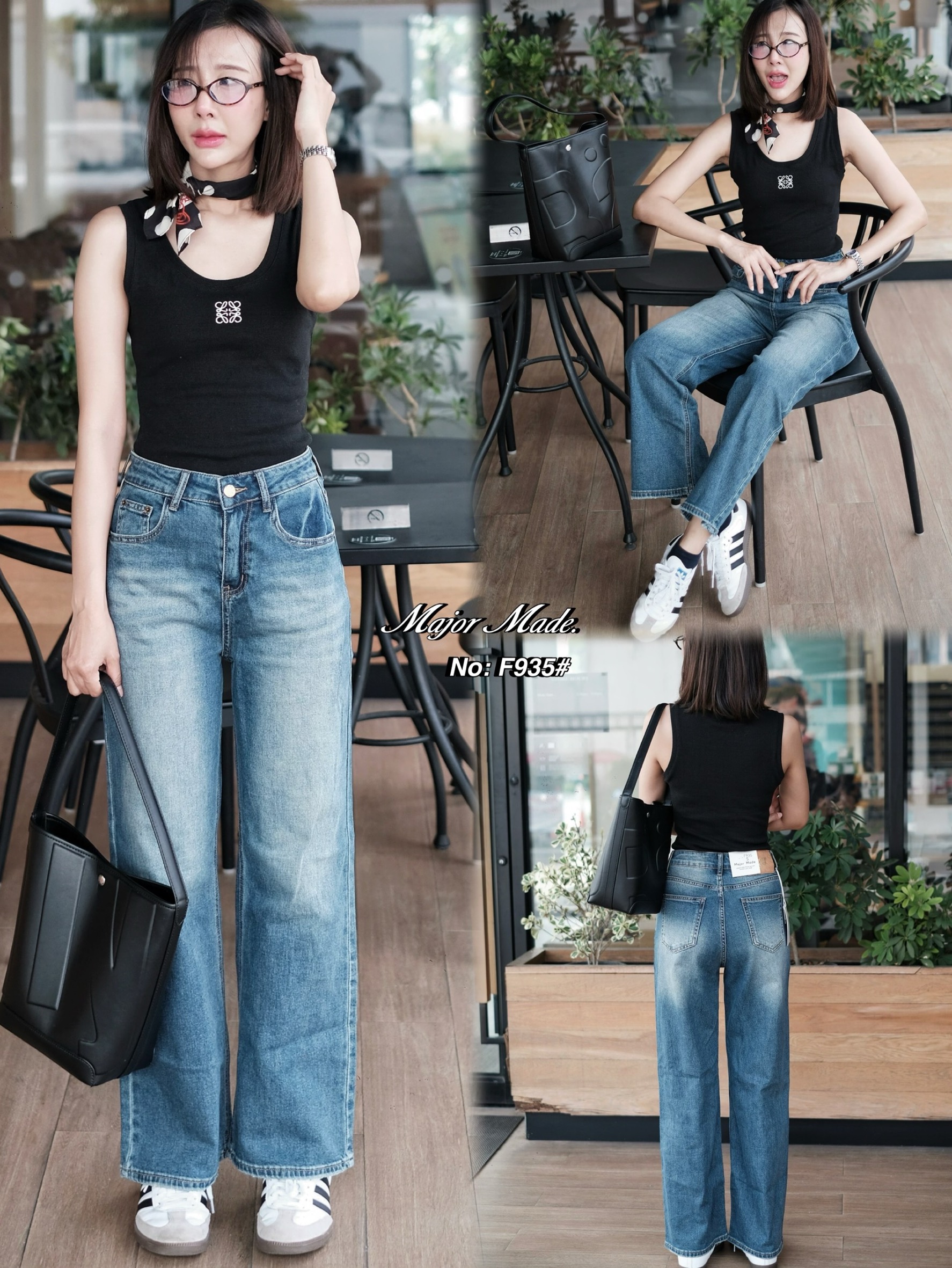 No. F935# -กางเกงยีนส์ขากระบอก เอวสูง （ผ้ายืด) บอกเลยรุ่นนี้เนื้อผ้ายีนส์ยืดอย่างดี ผ้านิ่มมากกกค่ะ ฟอกสีเข้มสวย ใส่สบายมว๊ากก ใส่ดูเพรียวมาก ดีเทลสวยมาก