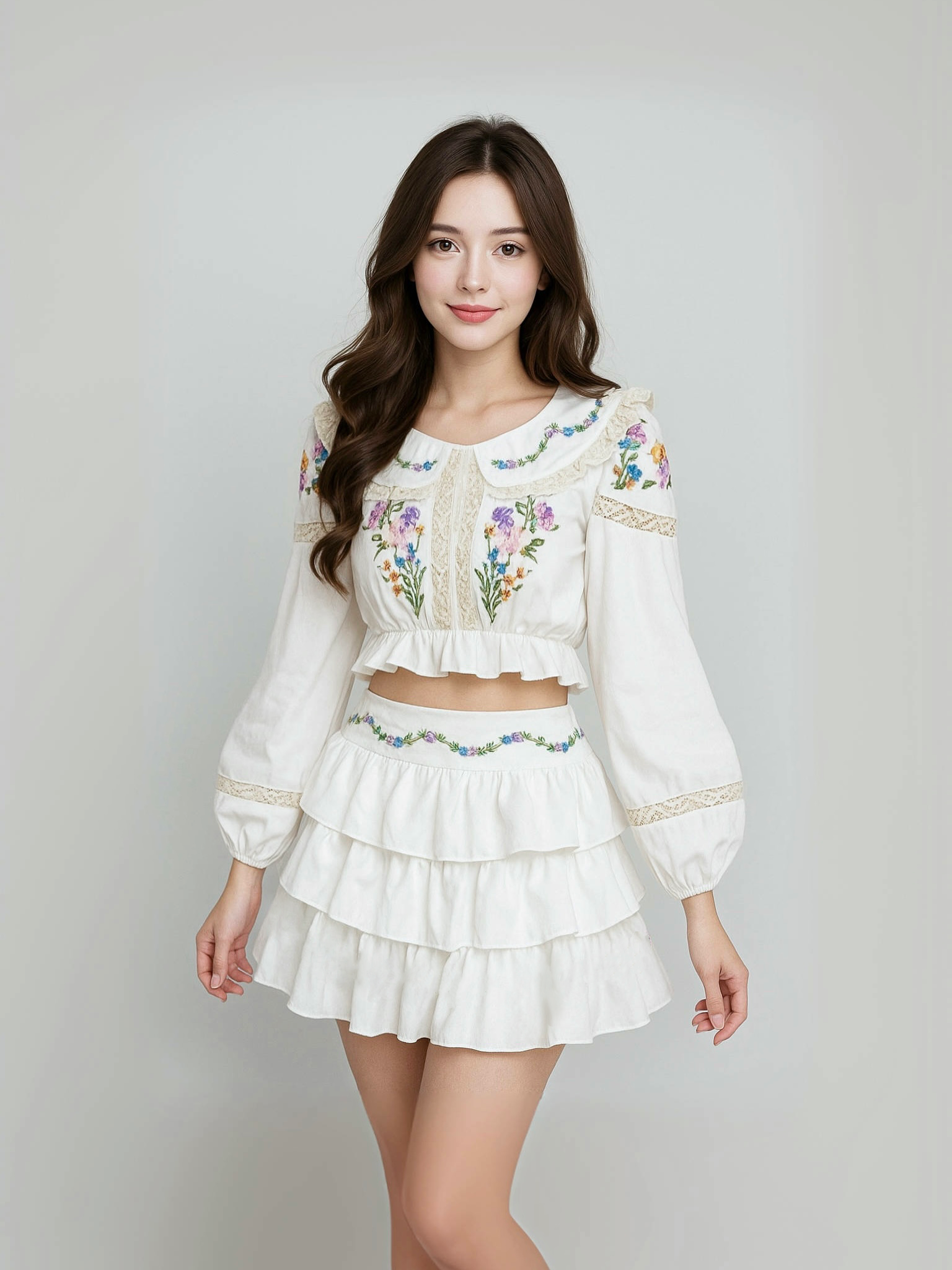 เซ็ท 2 ชิ้น งานปักน่ารักมาก เสื้อครอปแต่งขอบลูกไม้ครีม ปักดอกไม้สวยมาก แขนยาว มากับกระโปรงแต่งระบายชั้นๆ ปักที่ขอบเอวน่ารักสุดๆ
