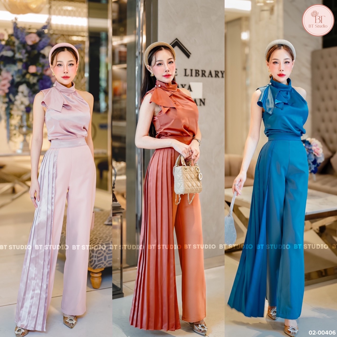 เซท 3 ชิ้น เสื้อคอกุดคอปิดเล็กน้อยแต่งระบายที่ด้านข้างมาพร้อมเข็มกลัด แมทซ์กับกางเกงขายาวเอวสูงด้านข้างแต่งชายอัดพรีทระบายข้างเดียว งานสวยเนื้อผ้าดี คัตติ๊งสวยมาก