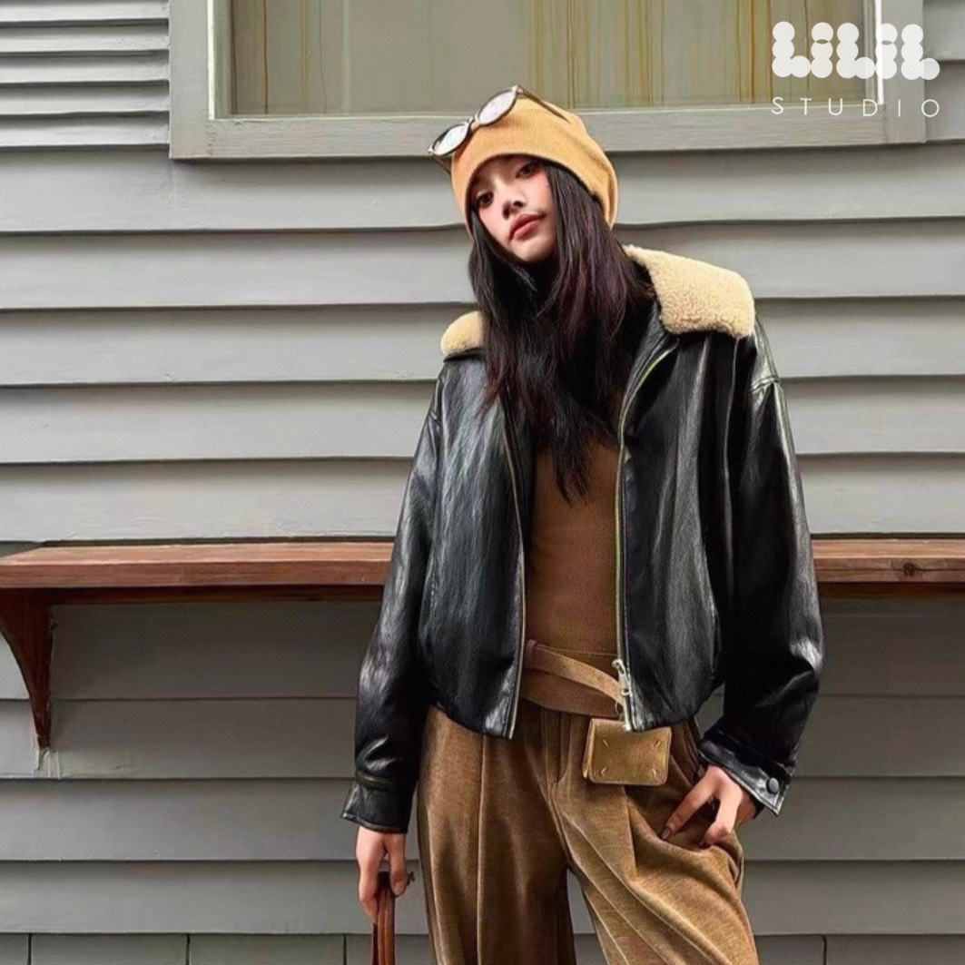 Lovely leather Jacket⭐️ พร้อมส่งค่ะ งานเสื้อJacket หนังลูกวัวนิ่ม ปกถอดได้ ซิปหน้ากระเป๋าจริงค่ะ