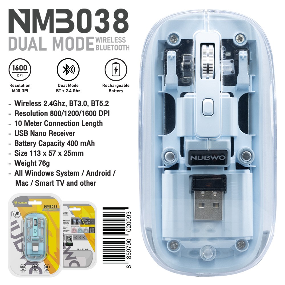 NM3038 NUBWO USB MOUSE Wireless 2.4Ghz, BT3.0, BT5.2 SKU-02964