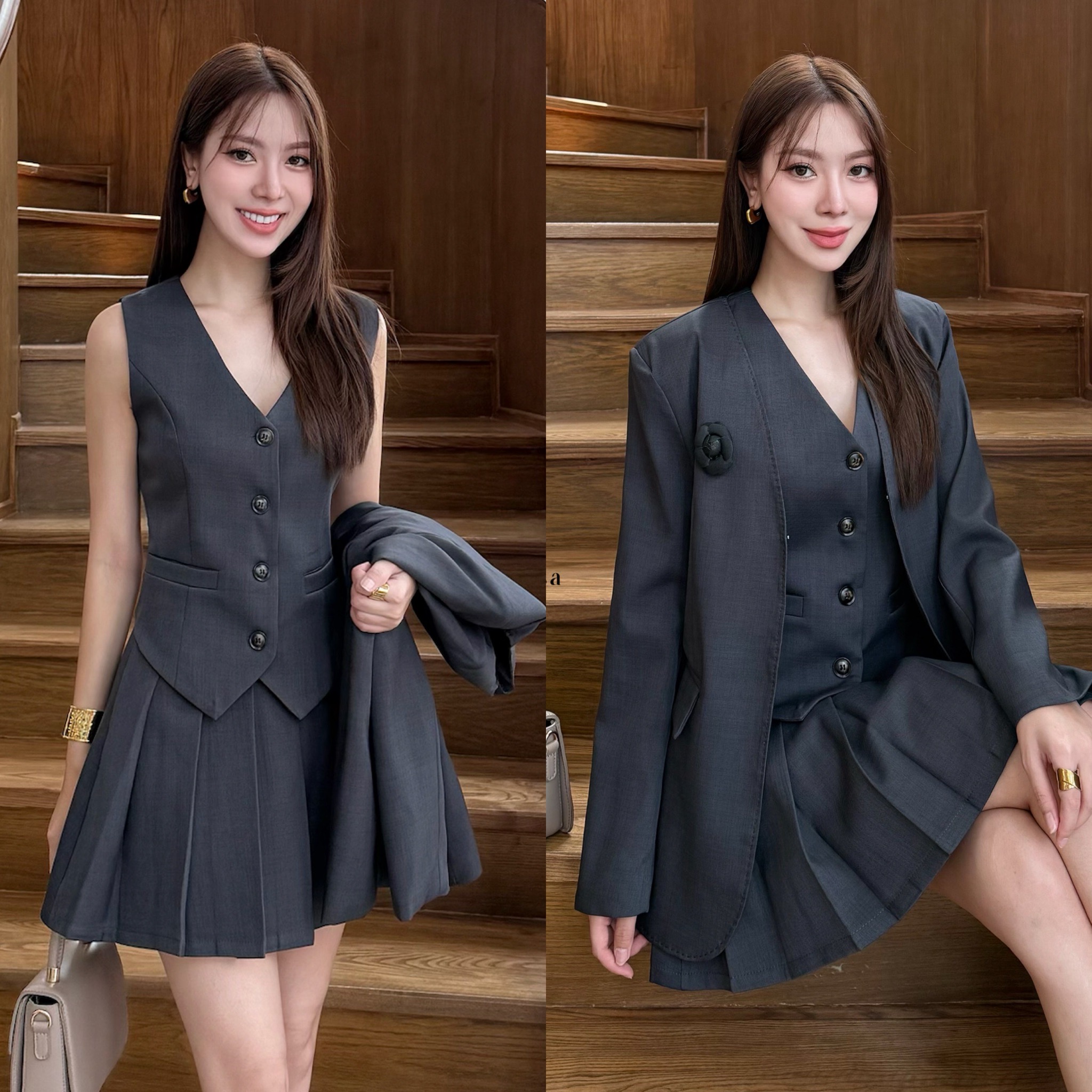 เซ็ท 4 ชิ้น เสื้อสูท+เสื้อ vestด้านใน +กระโปรง(กางเกงเป็นซับใน)+เข็มกลัดดอกไม้ ใช้ผ้าเดียวกันทั้งเซ็ท ตัวเสื้อสูทมีซับในอย่างดี เสริมรองบ่าบางๆเพื่อให้เป็นทรงสวย มีตะขอใส่แบบติดก็ได้น๊า กระโปรงซิปข้าง ซับในเป็นกางเกง เนื้อผ้ามีTexture สวย ยับยากก #ชุดใส่ท
