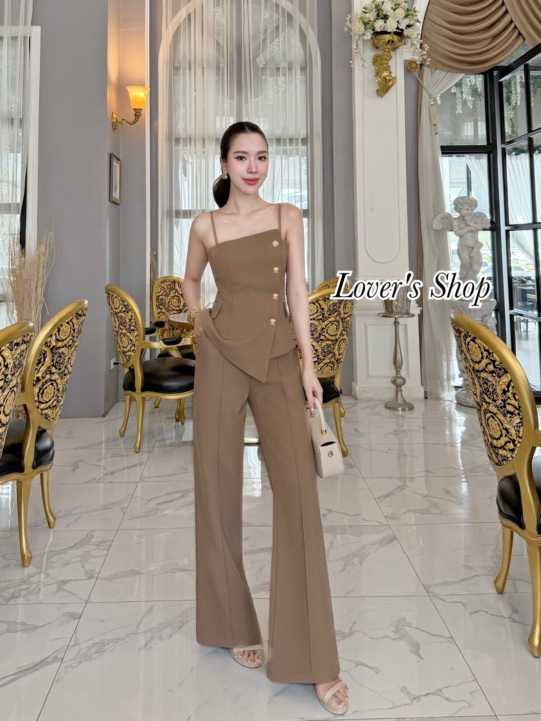 Teg : Lover’s Shop Detail : Set ยีนส์ 2ชิ้น สีน้ำตาล เสื้อ+กางเกง #LoveShop #เซ็ทกางเกงผ้าพื้น