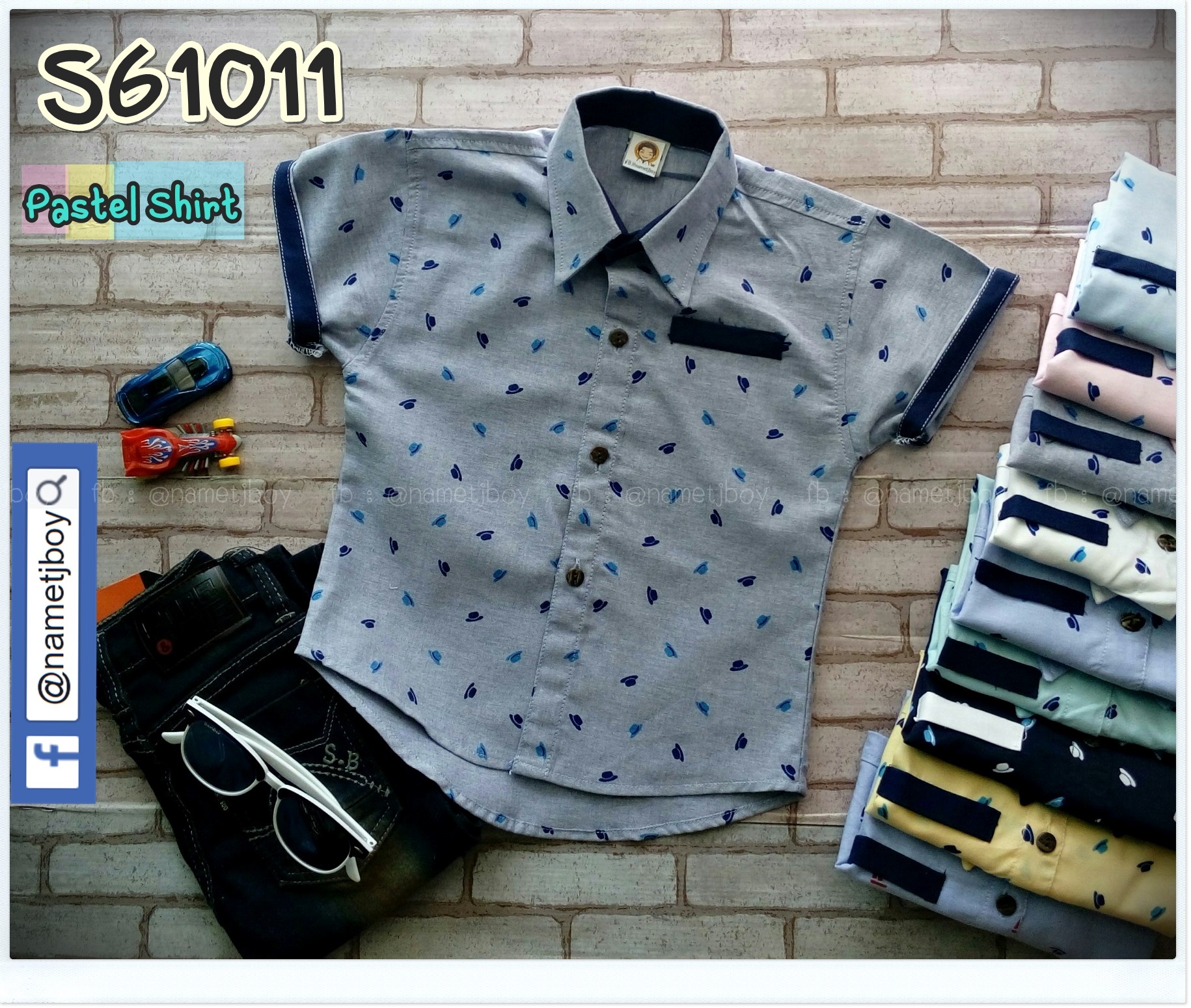 เสื้อเชิ้ตเด็ก แขนสั้น ลายหมวก Pastel สีเทา ไซส์ M