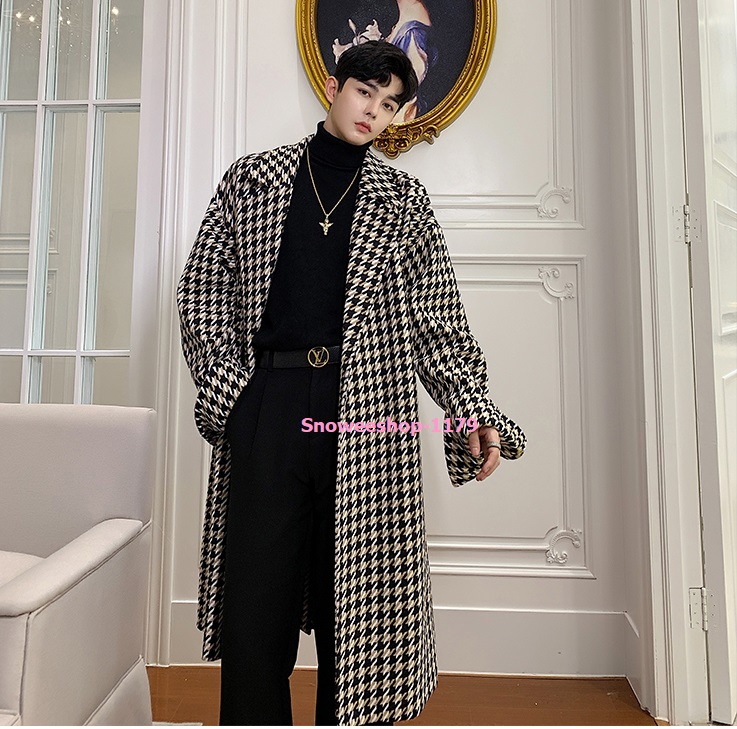 เสื้อโค้ทผู้ชายลายสก๊อต สไตส์วินเทจอังกฤษ ทรงโอเวอร์ไซส์ ผ้าวูลตัวยาวซับในหนาแต่งเข็มขัดเข้ารูป ขนาดรอบอกถึง 50 นิ้ว