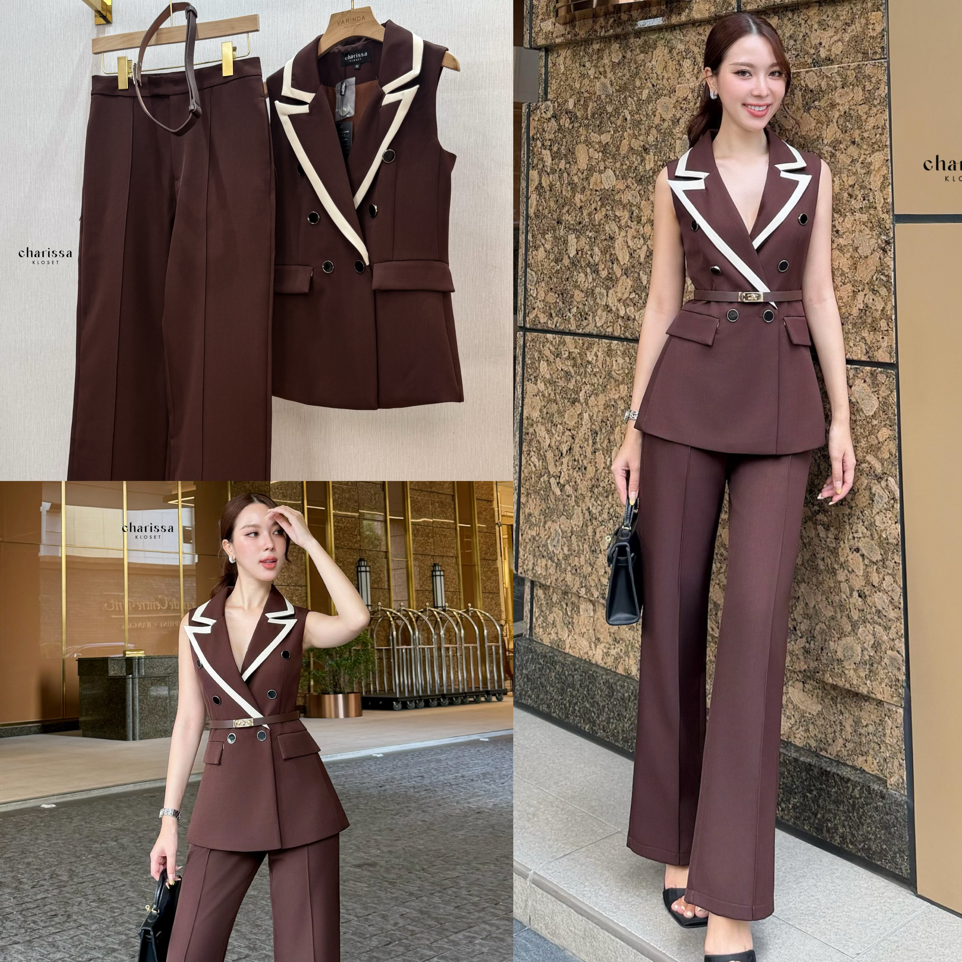 Tag: CHARISSA KLOSET 📌เซ็ท 3 ชิ้น: เสื้อแขนกุด+กางเกง+เข็มขัด ชุดเซ็ตกางเกงและเสื้อกั๊กสูททรงเท่ ทรงสวย เข้ารูปพอดีตัว เนื้อผ้าพรีเมียม ใส่สบาย ยับยาก เพิ่มเสน่ห์ด้วยดีเทลขอบตัดสีตัดกันอย่างมีระดับ 🤎🤍 ดีไซน์ double-breasted เรียบหร