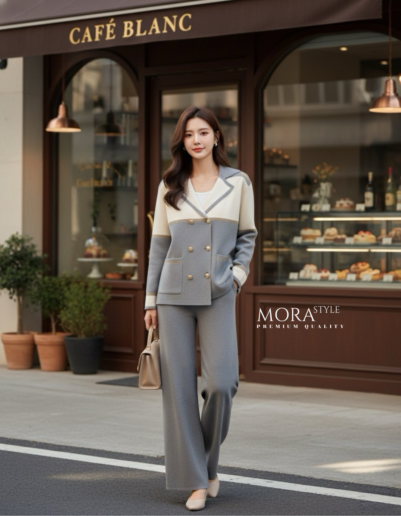 เซ็ตไหมพรม 2 ชิ้น เสื้อแขนยาวทูโทนแต่งกระดุมด้านหน้า มาพร้อมกับกางเกงขายาว ผ้าใส่สบายไม่ร้อน ใส่เที่ยวใส่ออกงานได้ เป็นอีกรุ่นที่ต้องมีติดตู้นะคะ