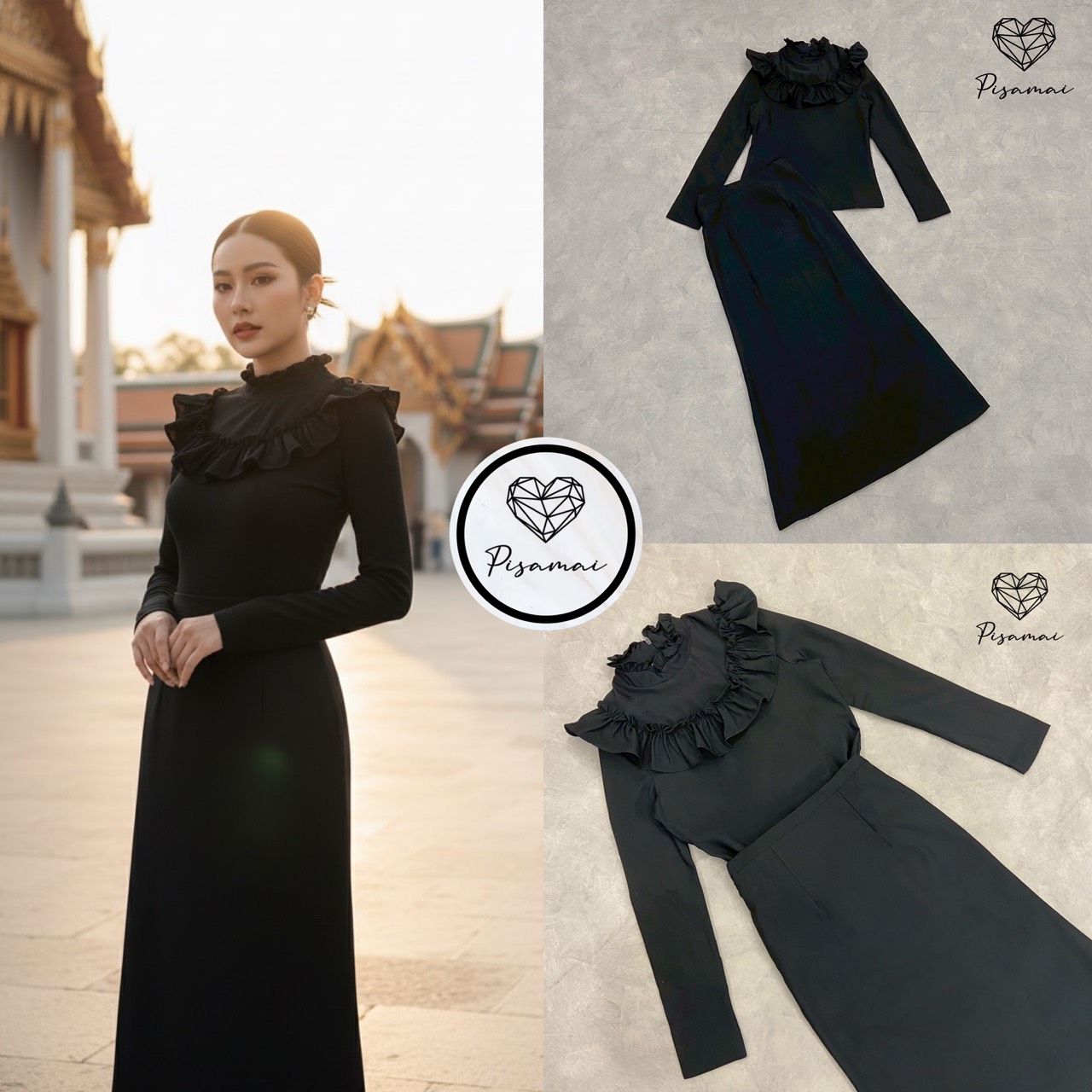 เซ็ตเสื้อแขนยาวชุดไทยจิตรดาสีดำ แต่งระบายช่วงคอและอก มาคู่กับกระโปรงตัวยาวสีดำทรงหางปลา ตามหากันทั้งประเทศ ต้องมีเลยค่า