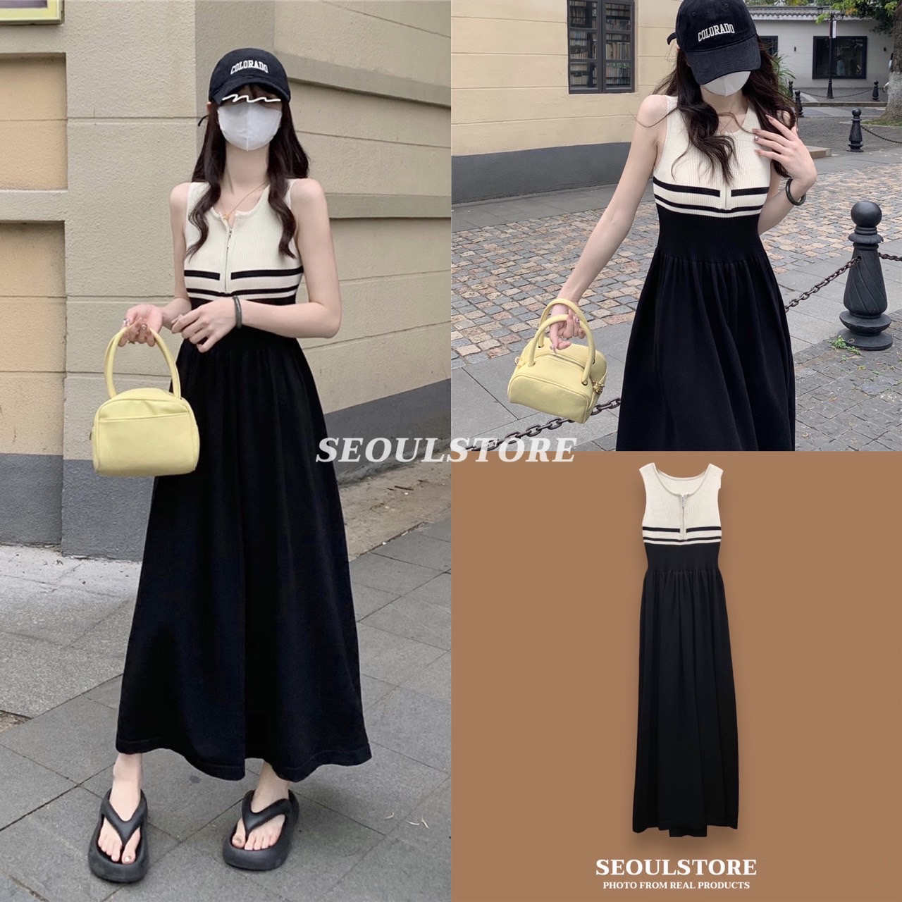 เดรสยาวแขนกุด ทูโทน กระโปรงทรงบานเนื้อผ้าดี ใส่สบายค่ะ