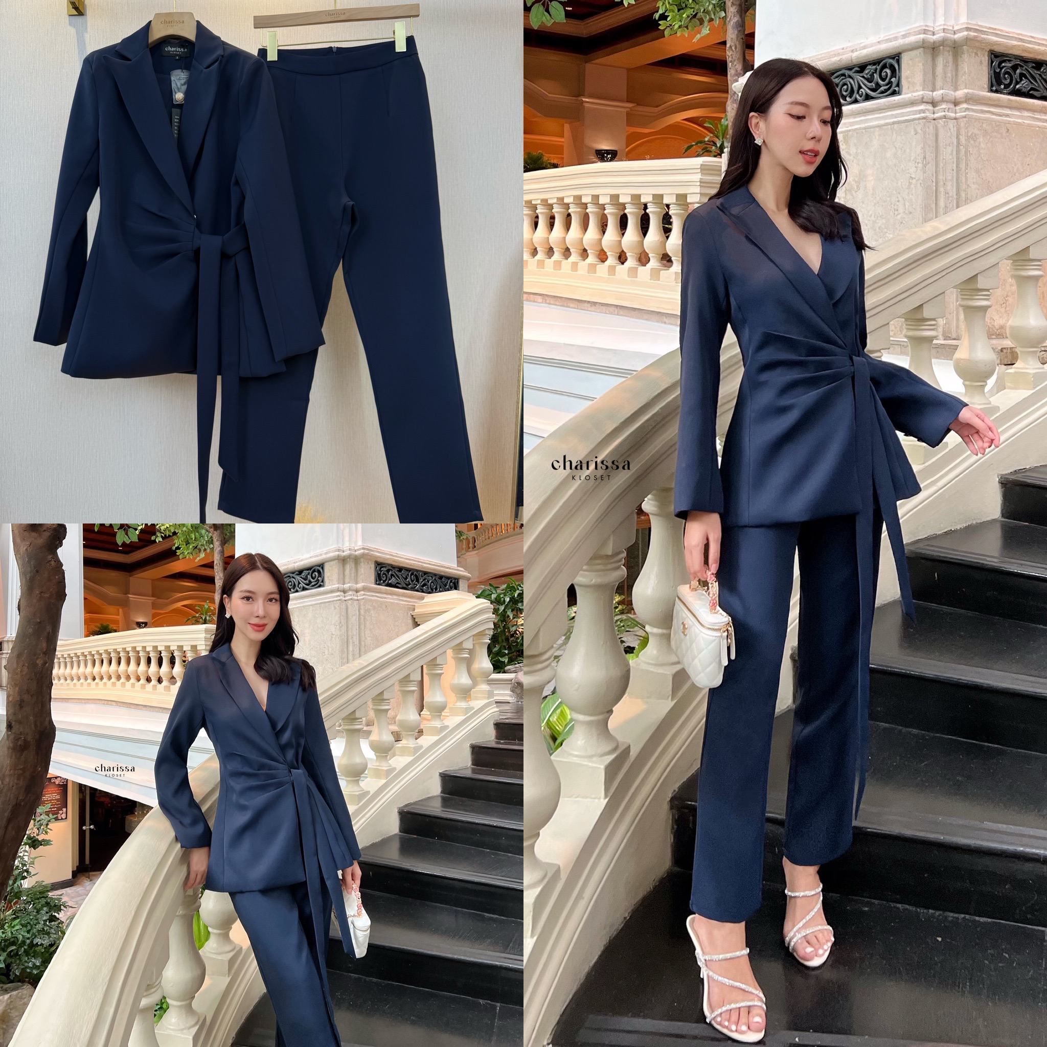 Set suit 2 ชิ้น เสื้อสูททรงทันสมัยออกออกแบบให้มีทรงยาวเข้ารูป แต่งจับจีบเพื่อให้ดูผอมเพรียม ด้านในเสื้อติดแป๊ก2 เม็ด มีเสริมบ่าบางๆเพื่อให้เป็นทรงสวย มาพร้อมกับสายผูกเอวเย็บติดด้านหน้า ปลายแขนด้านหลังแต่งกระดุมสีทอง 2 เม็ด ส่วนกางเกงเป็นทรง9 ส่วนซิปหลังกร