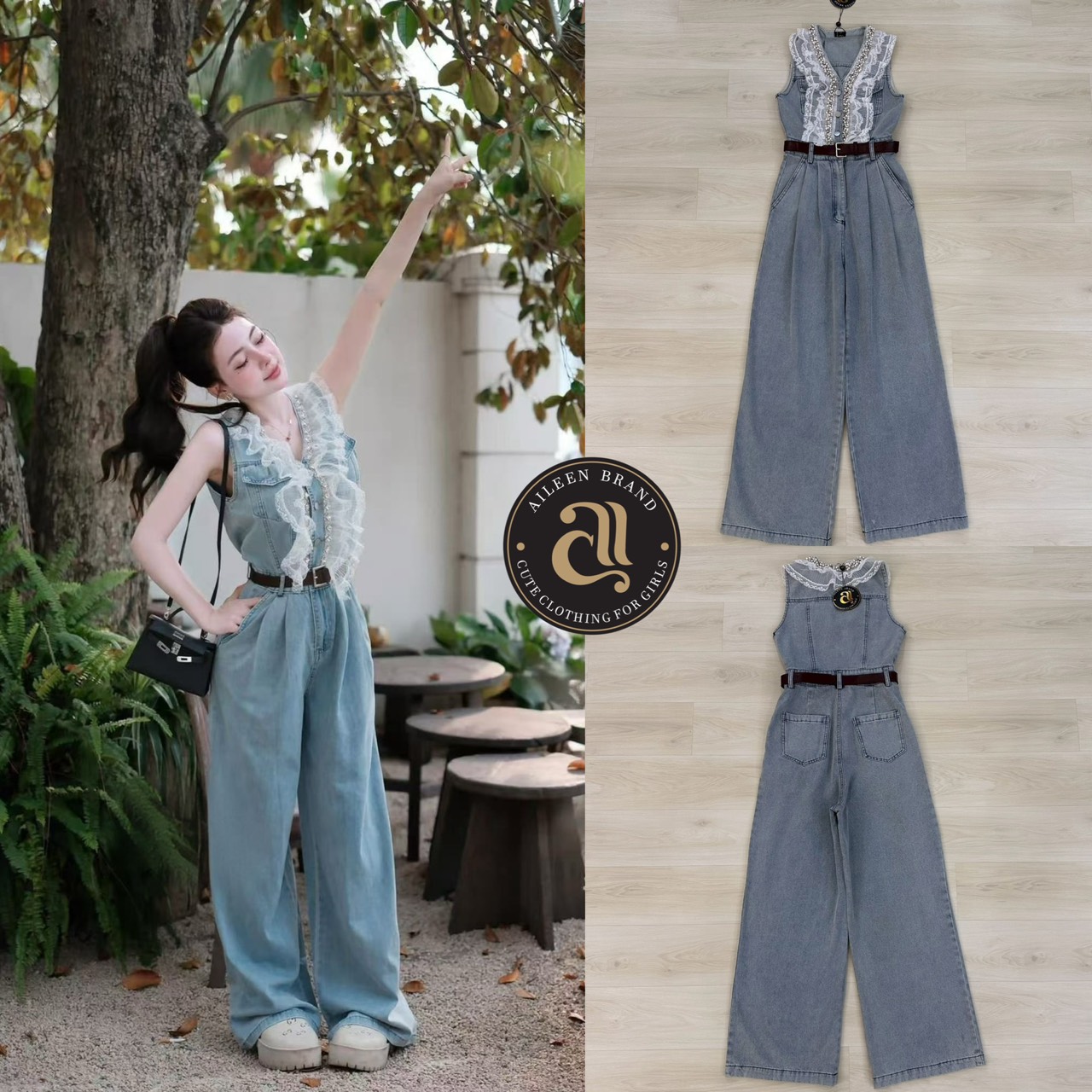 จั้มสูทยีนส์เดย์นิม แขนกุดคอวี ดีเทลแต่งเพชรและมุขระบายลูกไม้2ชั้นช่วงคอและอก แต่งกระดุมและซิปหน้า กระเป๋าข้างหน้าหลังใช้งานได้จริง แต่งกระเป๋าตรงหน้าอกทั้ง2 ข้าง มาพร้อมเข้มขัดสีน้ำตาลหัวสีเงิน