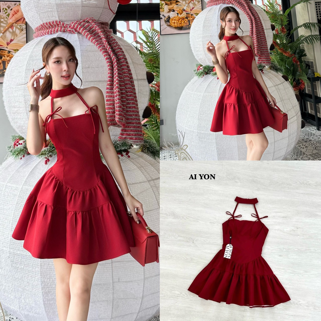 เดรสกระโปรงกึ่งเกาะอก แต่งโชกเกอร์ที่คอมีสายเดี่ยวเชื่อมด้านข้างสองเส้นแต่งผูกโบว์สุดเก๋ มีบลาในตัวทรงพอดีตัวใส่กำลังสวย สีสวยขับผิวมาก ท่อนกระโปรงแต่งทรงพองเล็กน้อยสุดคิ้วท์ปนเซ็กซี่เลยค่ะชุดนี้