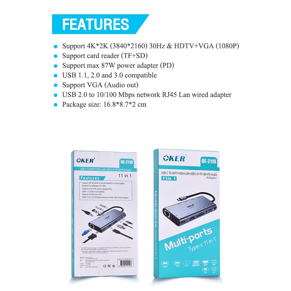 OE-2110 OKER TYPE-C MULTI-PORT 11 in 1 CA-TC-OK-2110B