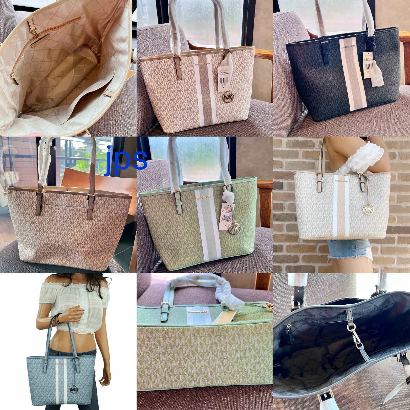 กระเป๋าสะพายไฮโซแบรนด์เนมไมเคิลคอร์สทรงชอปปิ้งใบใหญ่ 12.5 นิ้ว หนังแท้แต่งแถบคาด MK Michael Kors Women's Jet Set Travel Md Carryall Tote