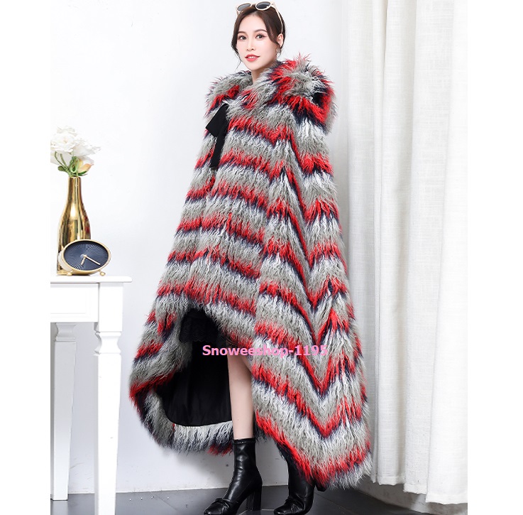 เสื้อคลุมมองโกเลียผ้าคลุมไหล่ขนเฟอร์ขนแกะยาวพร้อมฮู้ด แต่งไล่ระดับหน้าหลัง ซับในหนาใส่เสื้อคลุมกันหนาวติดลบได้ดี ขนาดฟรีไซส์ถึงรอบอก 55"