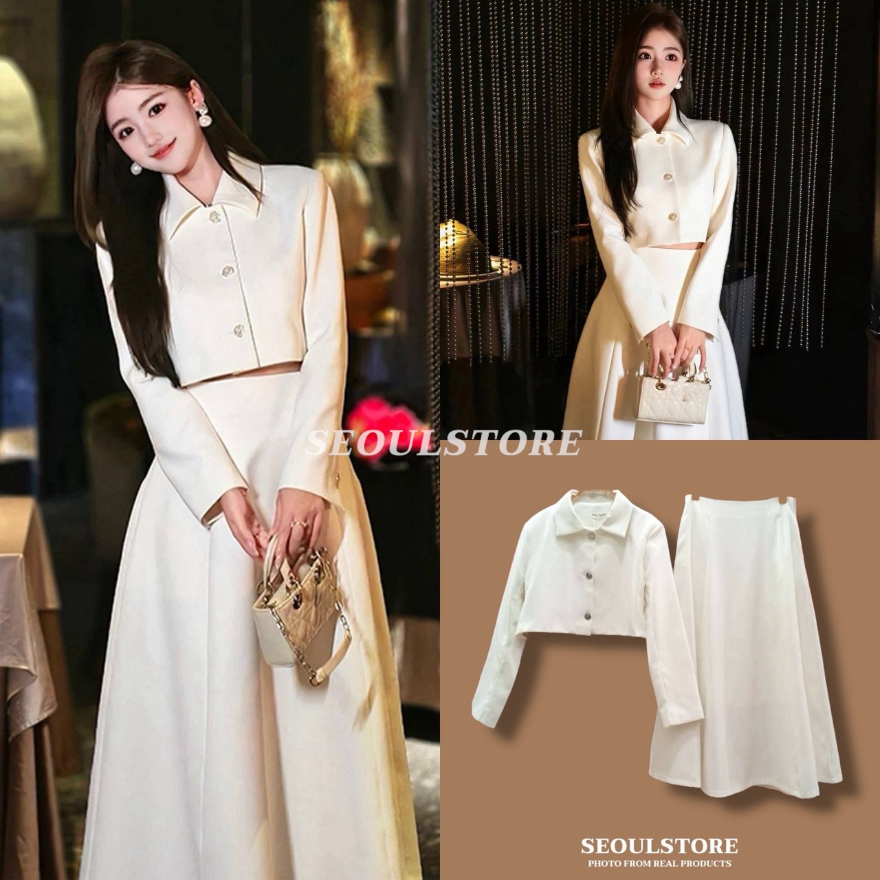 Set 2 ชิ้น เสื้อเชิ้ตครอปแขนยาว+กระโปรงยาวมีซับใน ซิปด้านหลัง มีกระเป๋าข้าง