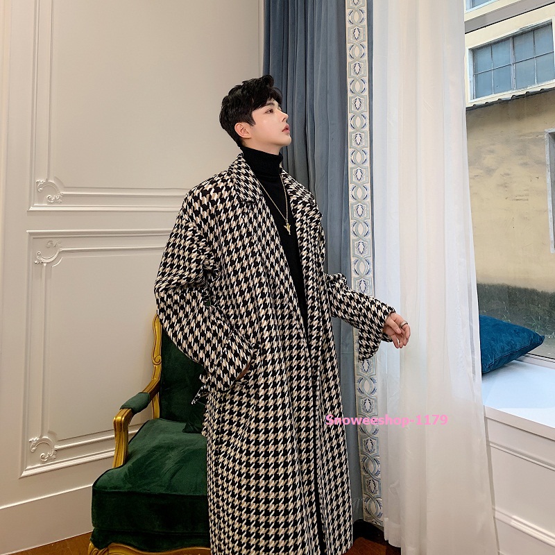 เสื้อโค้ทผู้ชายลายสก๊อต สไตส์วินเทจอังกฤษ ทรงโอเวอร์ไซส์ ผ้าวูลตัวยาวซับในหนาแต่งเข็มขัดเข้ารูป ขนาดรอบอกถึง 50 นิ้ว