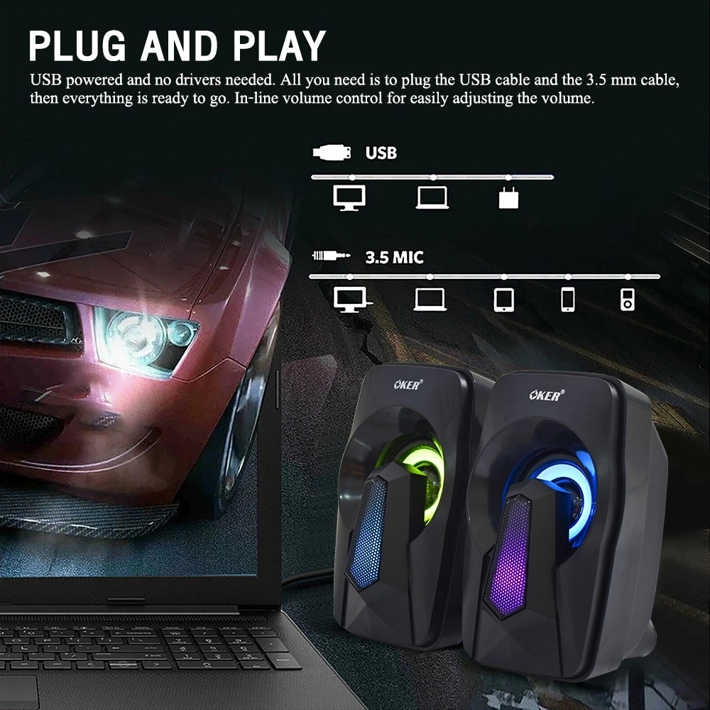 OKER SP-570 MULTIMEDIA SPEAKERS ไฟ7สี 3w. x2 SP-OK-20-570BK