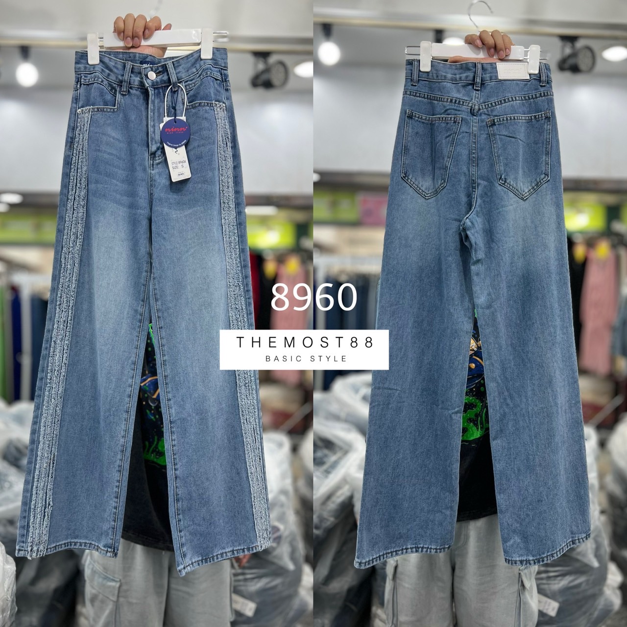 #8960 กางเกงยีนส์ทรงกระบอก เอวสูงผ้าไม่ยืด แต่งข้างรุ่ยๆ ปลายขาเย็บเก็บ ดีเทลเเน่นๆ รุ่นนี้ บอกเลย สายแฟ ห้ามพลาด โกงความสูงสุดๆ