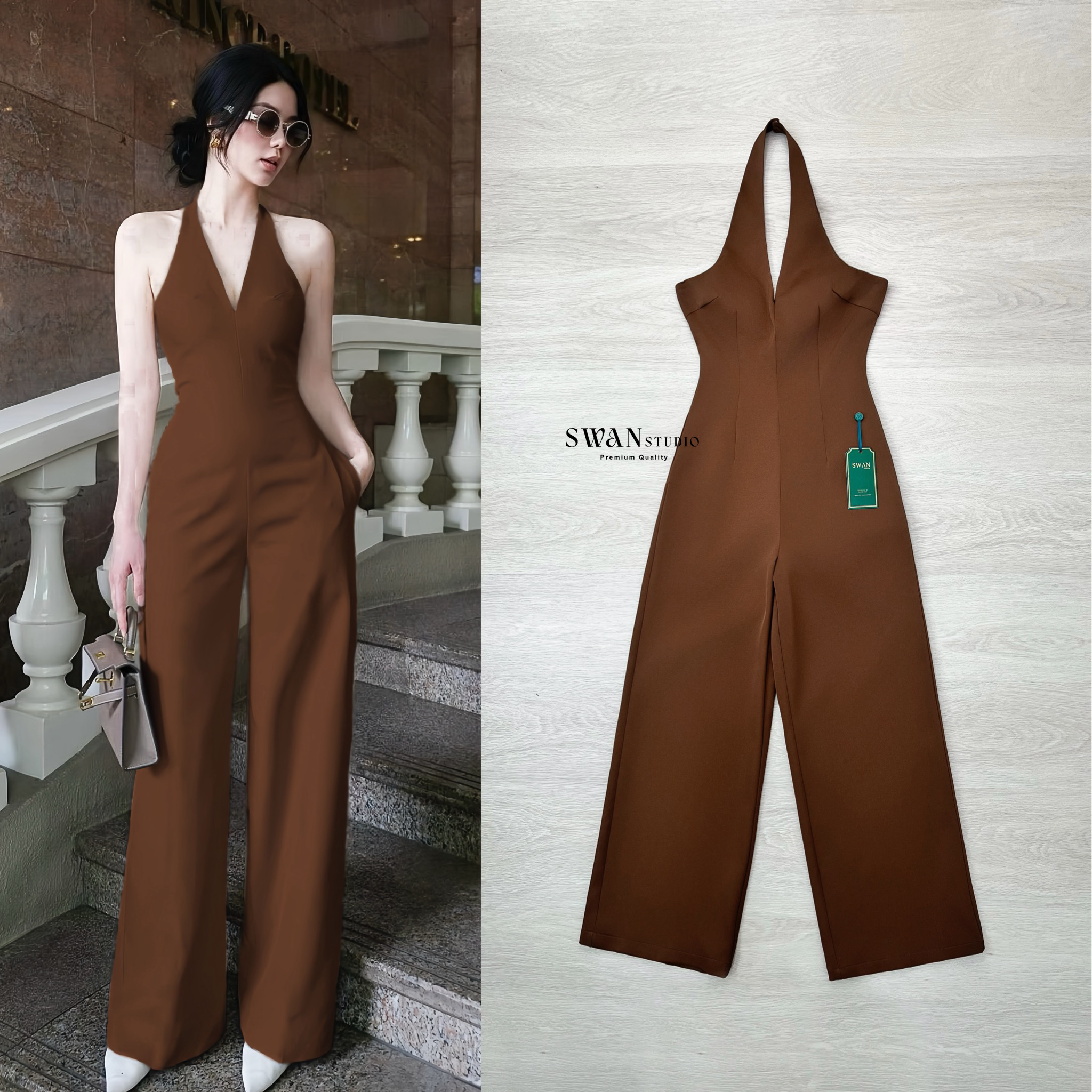 จั้มสูทขายาวคล้องคอสีน้ำตาลคอวี อกมีฟองน้ำ เนื้อผ้าอย่างดี ใส่ได้หลายโอกาส ห้ามพลาดค่า