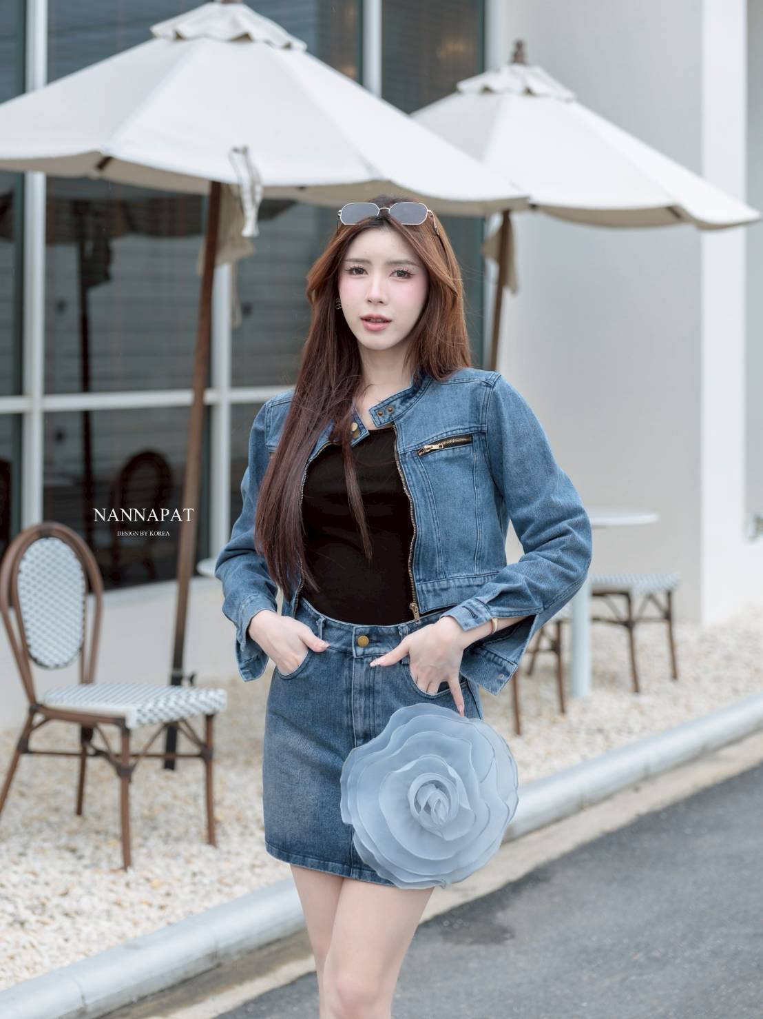 ชุดเซท ป้าย NANNAPAT (NP) 🎗️ CONCEP เสื้อคลุมผ้ายีนส์แท้ฟอกสีอย่างสวย ดีไซน์เก๋ +เสื้อกล้ามผ้ายืดนุ่ม +กระโปรงยีนส์เอวสับทรงสวย