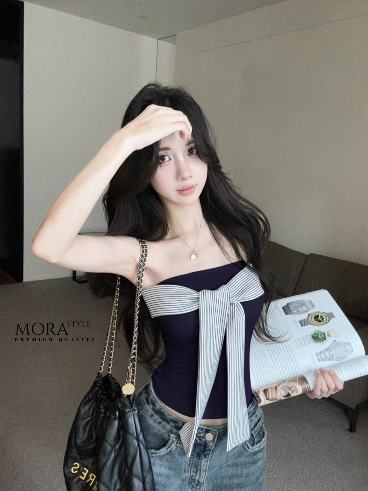 เซ็ต 2 ชิ้น เสื้อเกาะอกผูกด้านหน้างานสวยเก๋ผ้ายืดหยุ่นใส่สบาย มาพร้อมกับกางเกงเอวสูงทรงกระบอกใหญ่ #Mora #Morastyle #โมราสไตล์