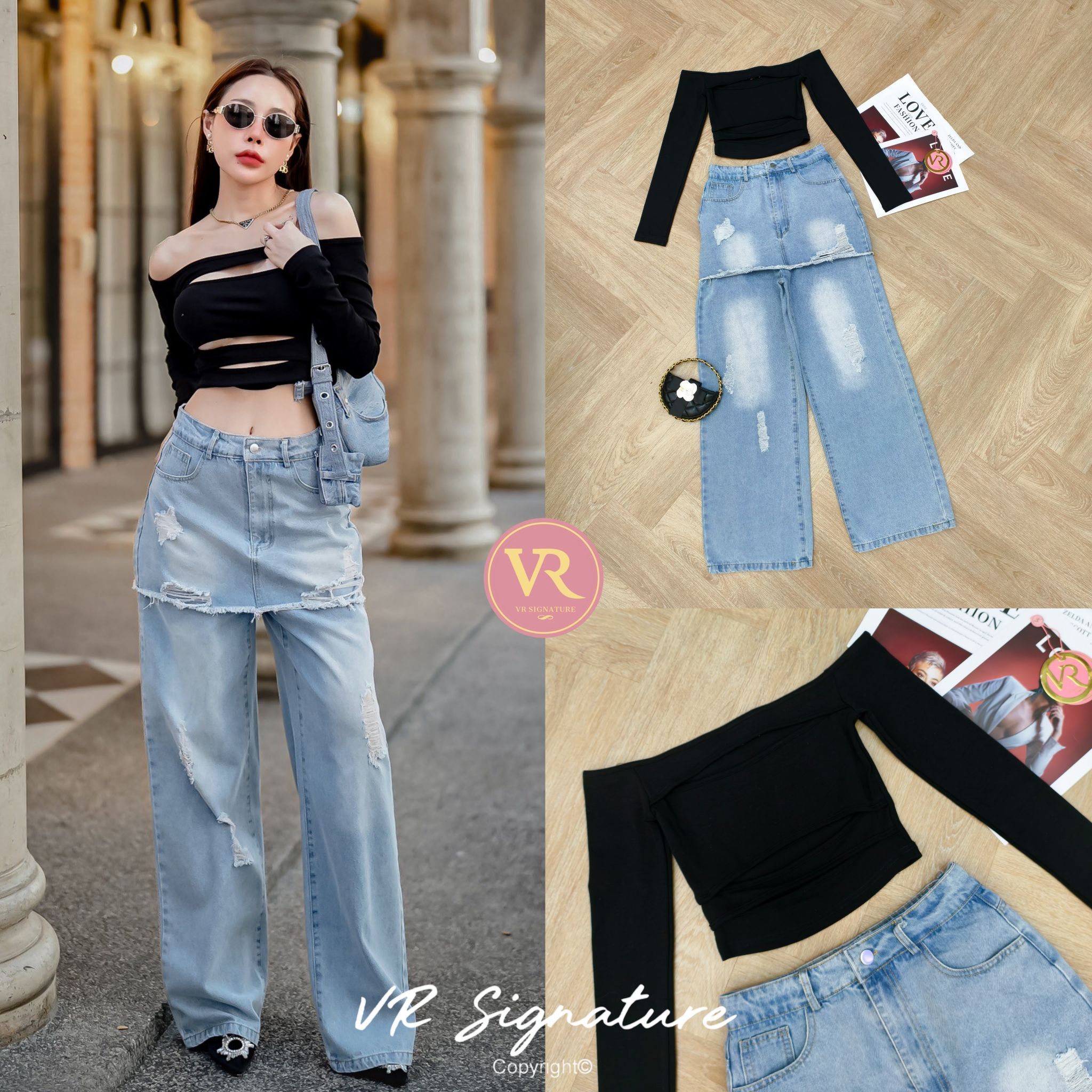 Set เสื้อยืดครอปแขนยาว แต่งเว้าด้านหน้า แอบเซ็กซี่เบาๆ แมทช์กับกางเกงยีนส์ขายาวทรงสวย ดีเทลช่วงบนเป็นกระโปรงเก๋มากๆค่ะ เนื้อผ้ายีนส์ฟอก เนื้อดีเป็นทรงสวย สามารถแยกแมทช์ได้อีกเยอะเลยค่า