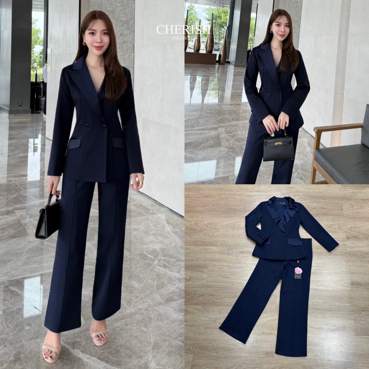 Setsuit เสื้อ+กางเกง ที่เรียบหรูดูแพง ทรงสวย ใช้ผ้าดี ตัวเสื้อสูทแขนยาวคอปกช่วงคอและกระเป๋าตกแต่งผ้าซาติน ตัวกางเกงเอวสูงขากระบอกใส่แล้วขาดูเรียวยาวสุดๆ ชุดนี้ใส่แล้วเด่นสุดๆ ต้องมีสักชุดแล้วนะคะ
