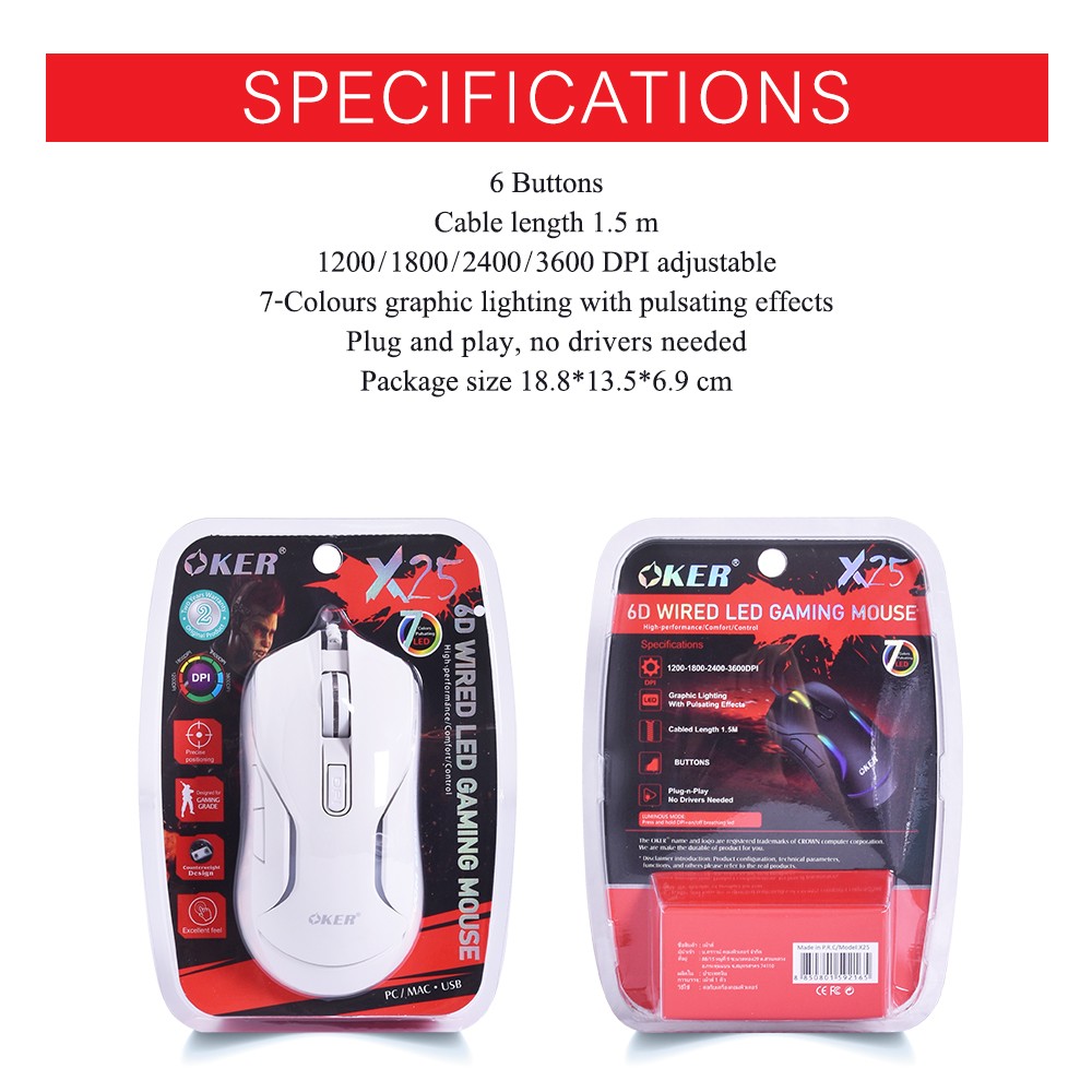 OKER X25 MOUSE USB 6D LED 1000DPI ไฟ7สี SKU-02947