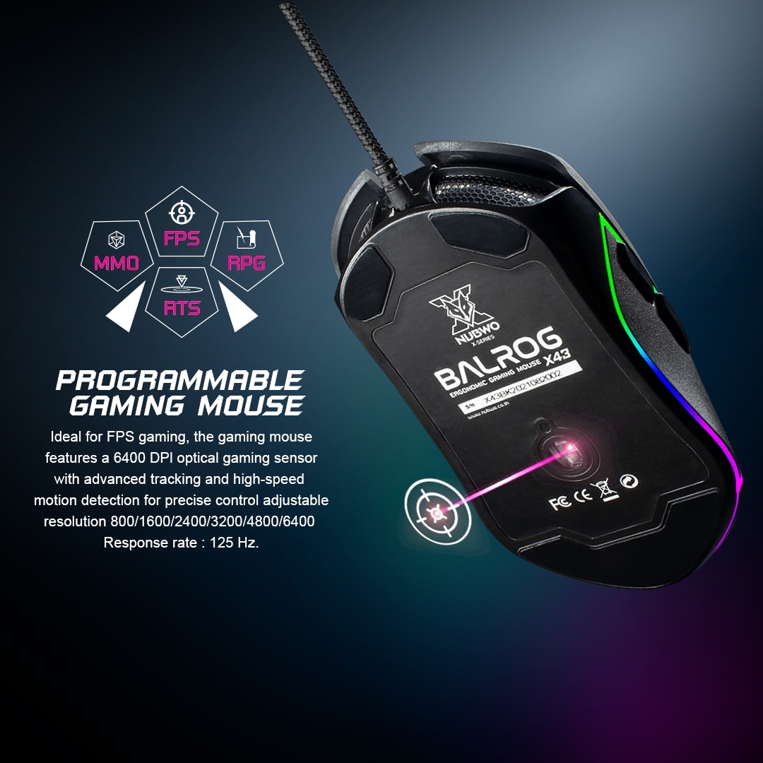 X43 Nubwo BALROG Ergonomic Gaming Macro Mouse เมาส์มาโคร RGB เมาส์เกมมิ่ง SKU-02537