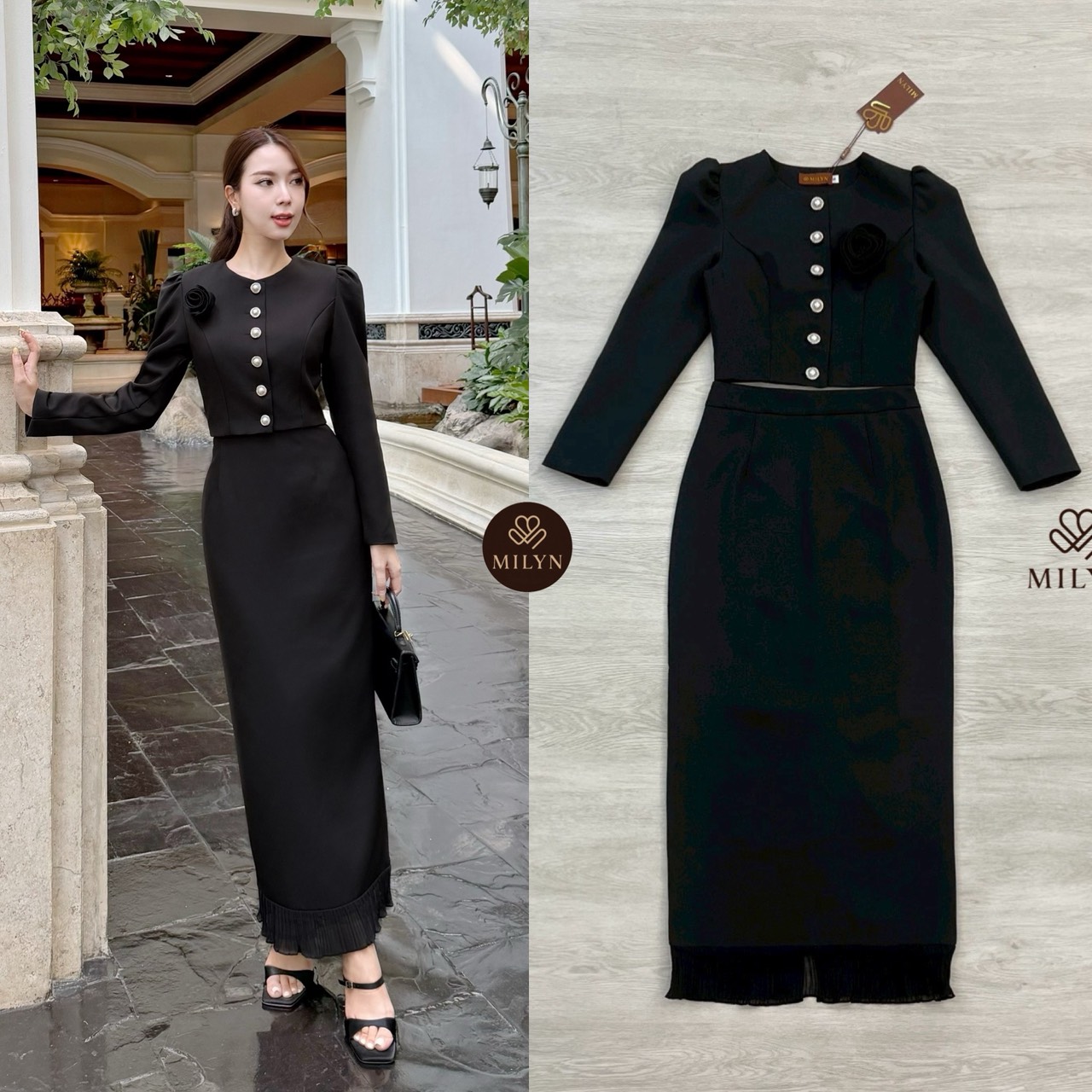Set 2 ชิ้น เสื้อคอปแขนยาวสีดำแต่งด้วยกระดุมหน้าใช้งานได้จริง มาพร้อมกับกระโปรงยาวทรงเอแต่งระบายด้านล่างแหวกชายหลังชายกระโปรงซิปหลัง มาพร้อมกับเข็มกลัดดอกไม้สีดำใส่แมตช์กันกับชุดลงตัวดูดีมากค่ะ