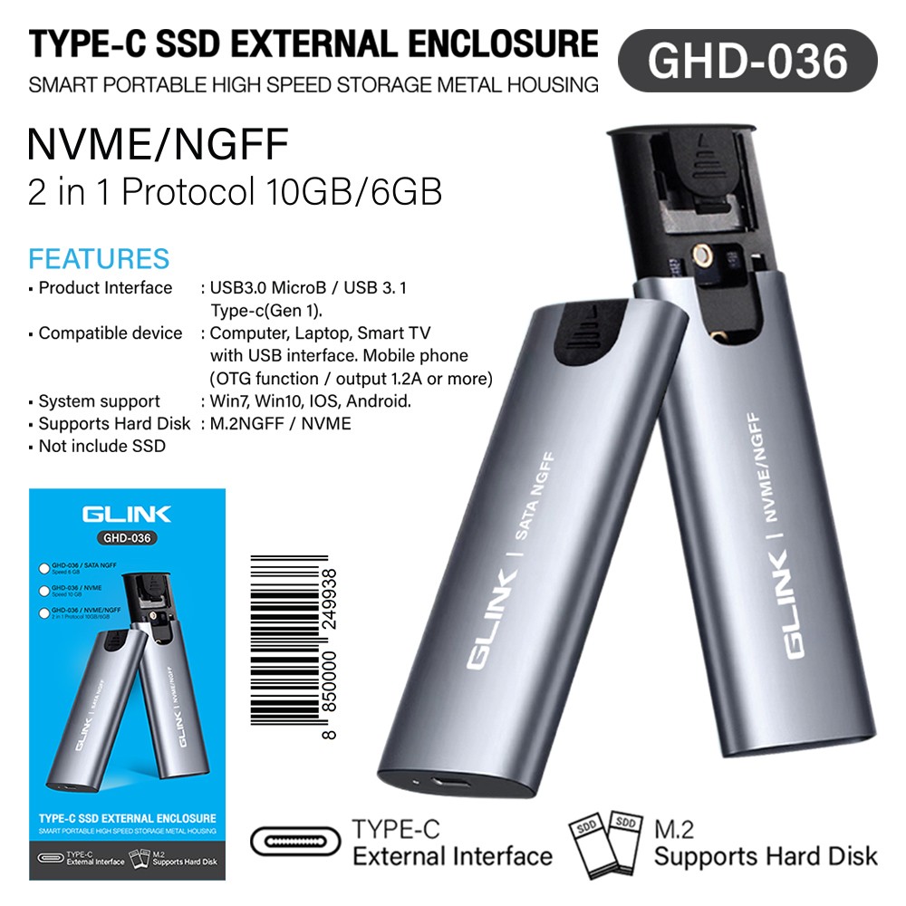 GHD036 GLINK TYPE-C SSD EXTERNAL DRIVE NVMD10gb/NGFF6gb 2in1 EX-SS-GT-03656