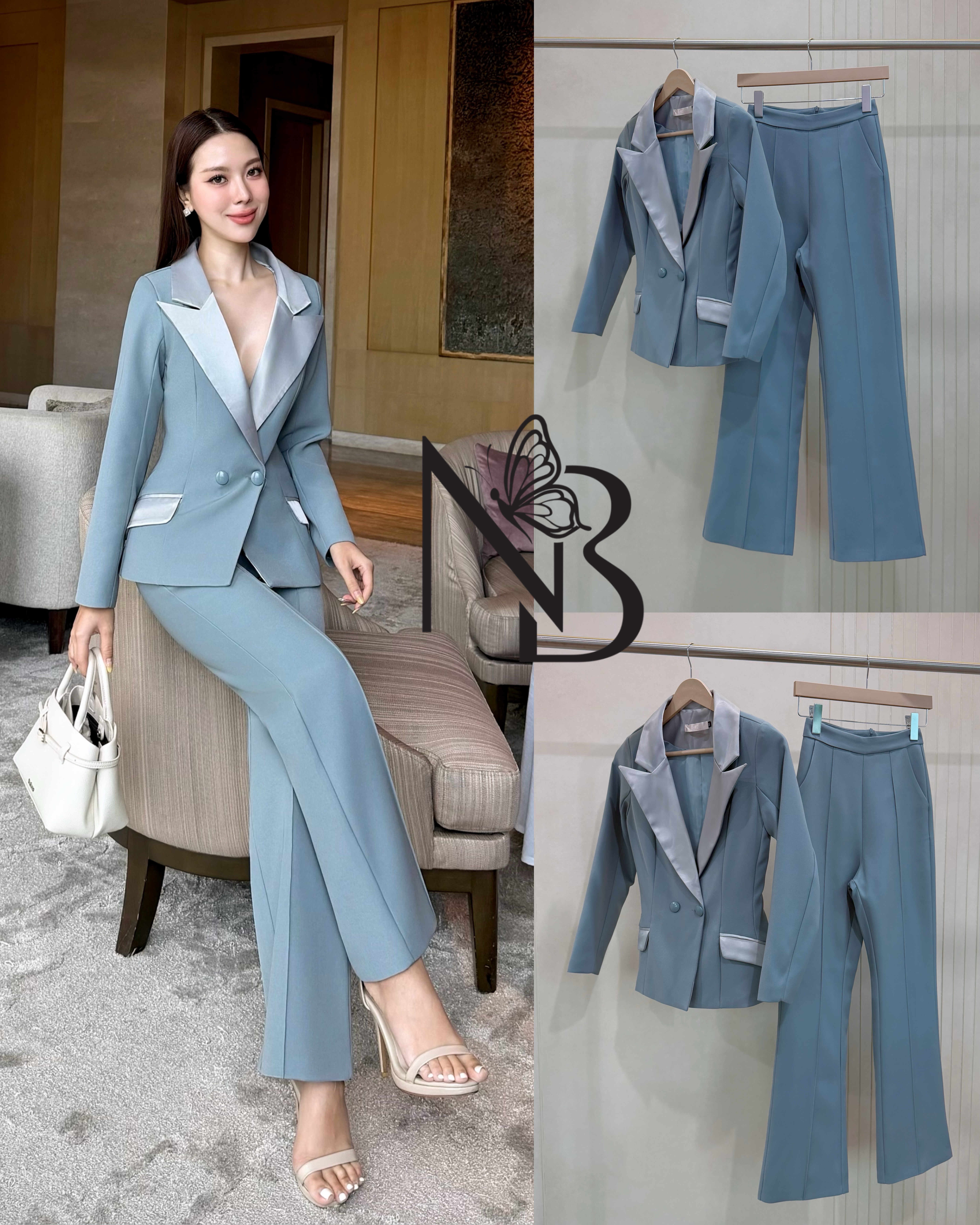 Set สูท2ชิ้น เสื้อแขนยาว+กางเกงขายาว ดีเทลเรียบหรู เสื้อคอปกเงาๆ ทำให้ดูแพง กระดุมสองเม็ด มีกระเป๋าสองข้างใช้งานได้จริง กางเกงเอวสูงนิดนึงกระบอกเล็ก ตีเกล็ดตรงกลาง ซิบซ่อนด้านหลัง มีซัปในทั้งตัว ผ้าหนา นุ่ม ใส่สบายมาก ทรงเกร๋ เข้ารูป ดีไซน์ทันสมัย ใส่แล้ว