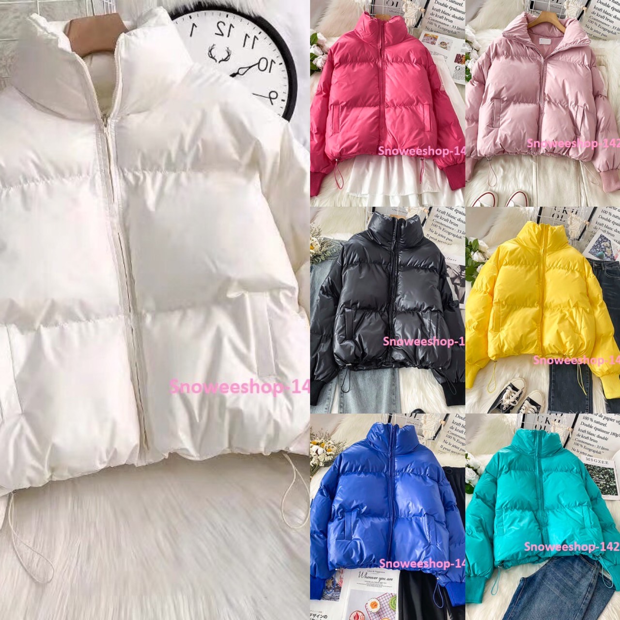Out of Stock แจ็คเก็ตขนเป็ดบุนวมแนวออนนี่ใส่ได้ทั้งสาวไซเล็กถึงบิ๊กไซกันหนาวติดลบ แต่งปกคอตั้งชายแขนยึดหยุ่นทรงโอเวอไซส์มาพร้อม 7 เฉดสี
