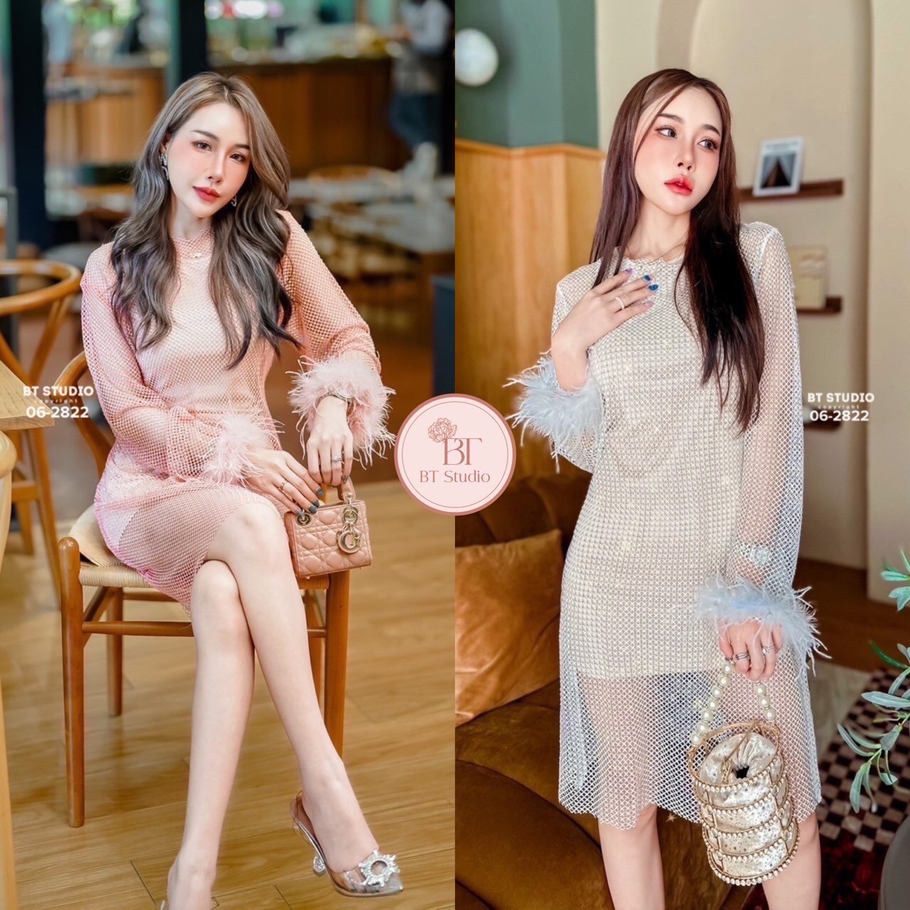 เซท 2 ชิ้น เดรสสั้นแขนยาว เนื้อผ้าตาข่ายแต่งคริสตัลเม็ดเล็ก ๆ ทุก ๆ ช่อง งานสวยม๊าก ปลายชายแขนแต่งขนฟู ๆ ทั้งสองข้าง มาพร้อมซับในสีนู๊ดแขนกุด แมทซ์กันสวย แซ๊บบ แต่ดูแพงค่ะ