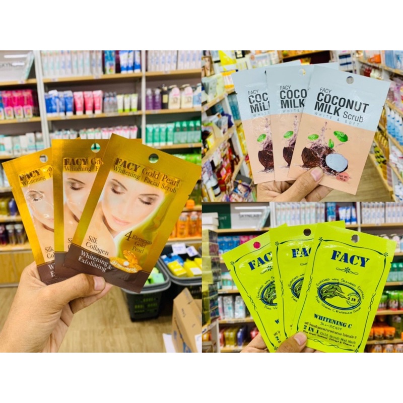 Facy Facial Mask & Scrub 10g ( 1ซอง ) มี 3 สูตร สาหร่ายทะเล, มะพร้าว, ทองคำ เฟซี่ มาส์ก+ สครับ